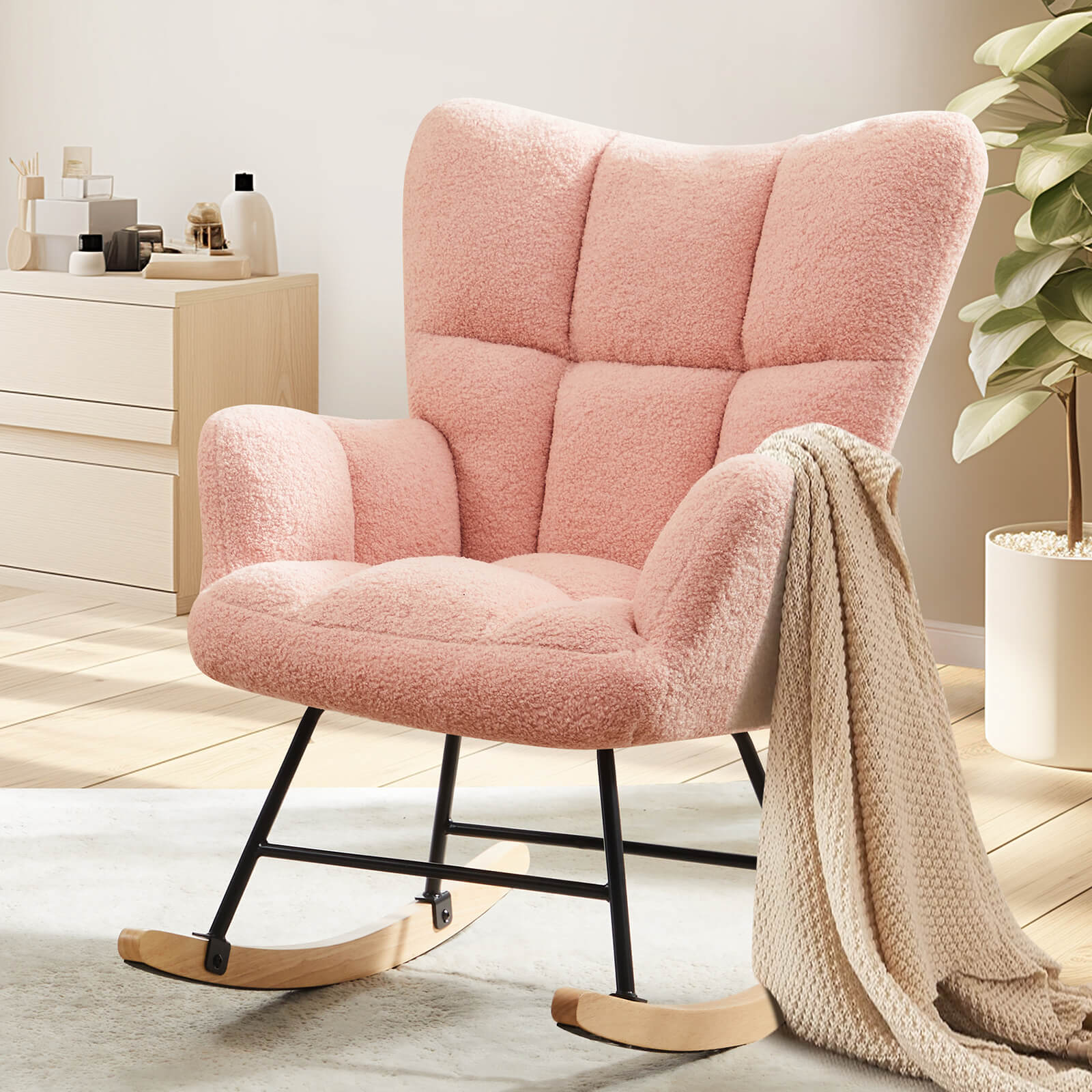 Comfortable Ergonomic Upholstered Rocking Chair for Nursery, Living Room, Baby Feeding