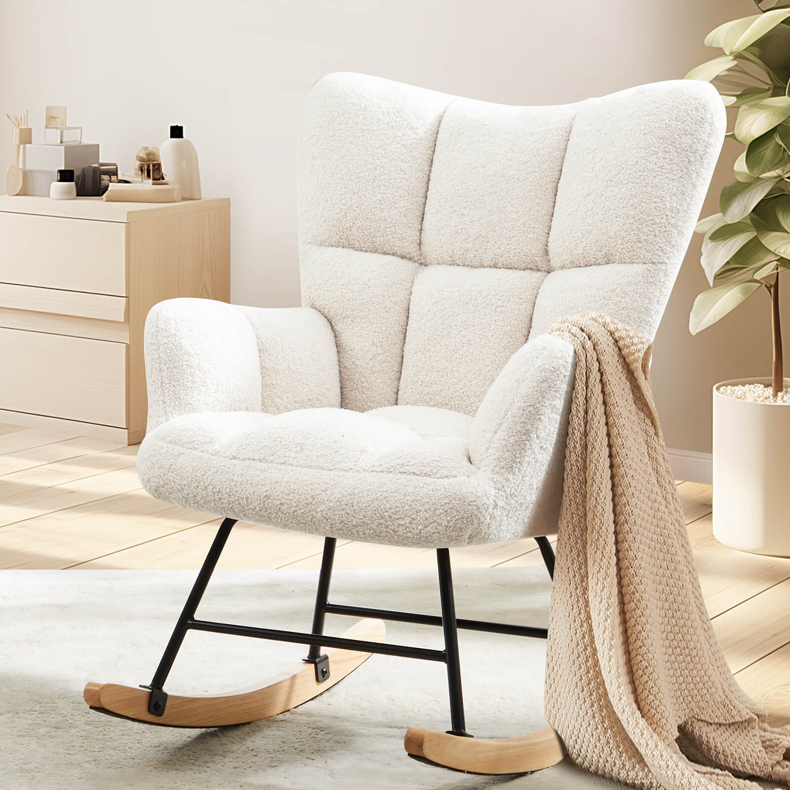 Comfortable Ergonomic Upholstered Rocking Chair for Nursery, Living Room, Baby Feeding