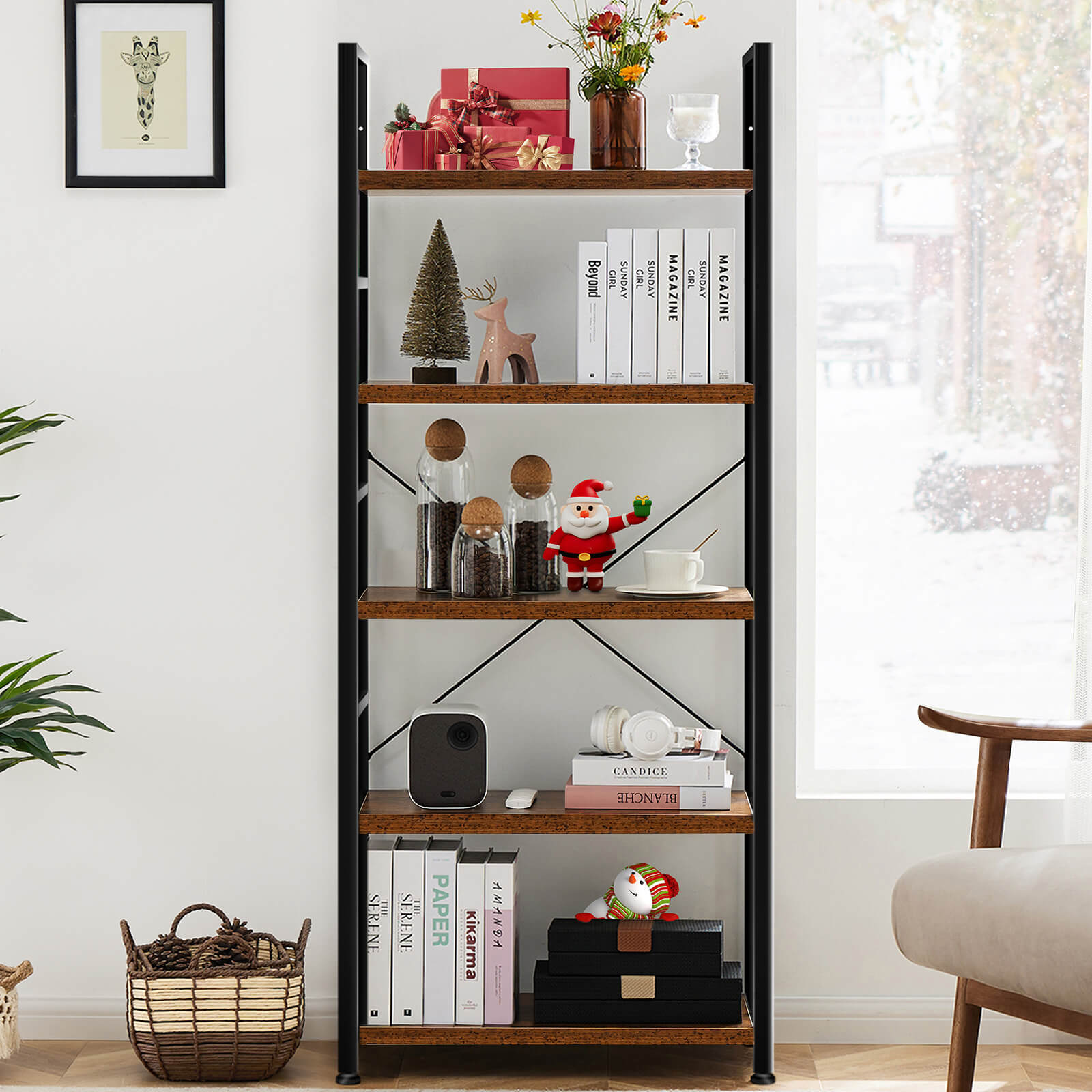 Versatile 5-Tier Bookshelf, Durable Metal Frame, Open Shelves, Modern Minimalist Design