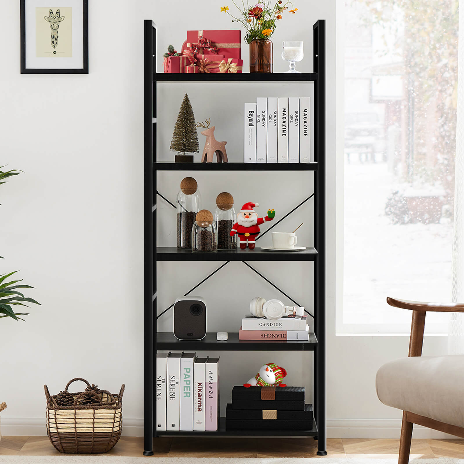 Versatile 5-Tier Bookshelf, Durable Metal Frame, Open Shelves, Modern Minimalist Design
