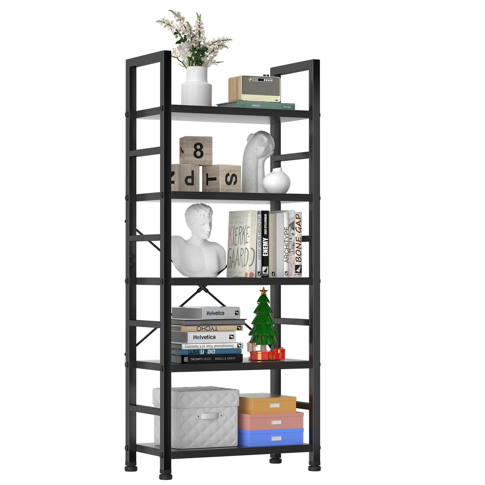 Versatile 5-Tier Bookshelf, Durable Metal Frame, Open Shelves, Modern Minimalist Design