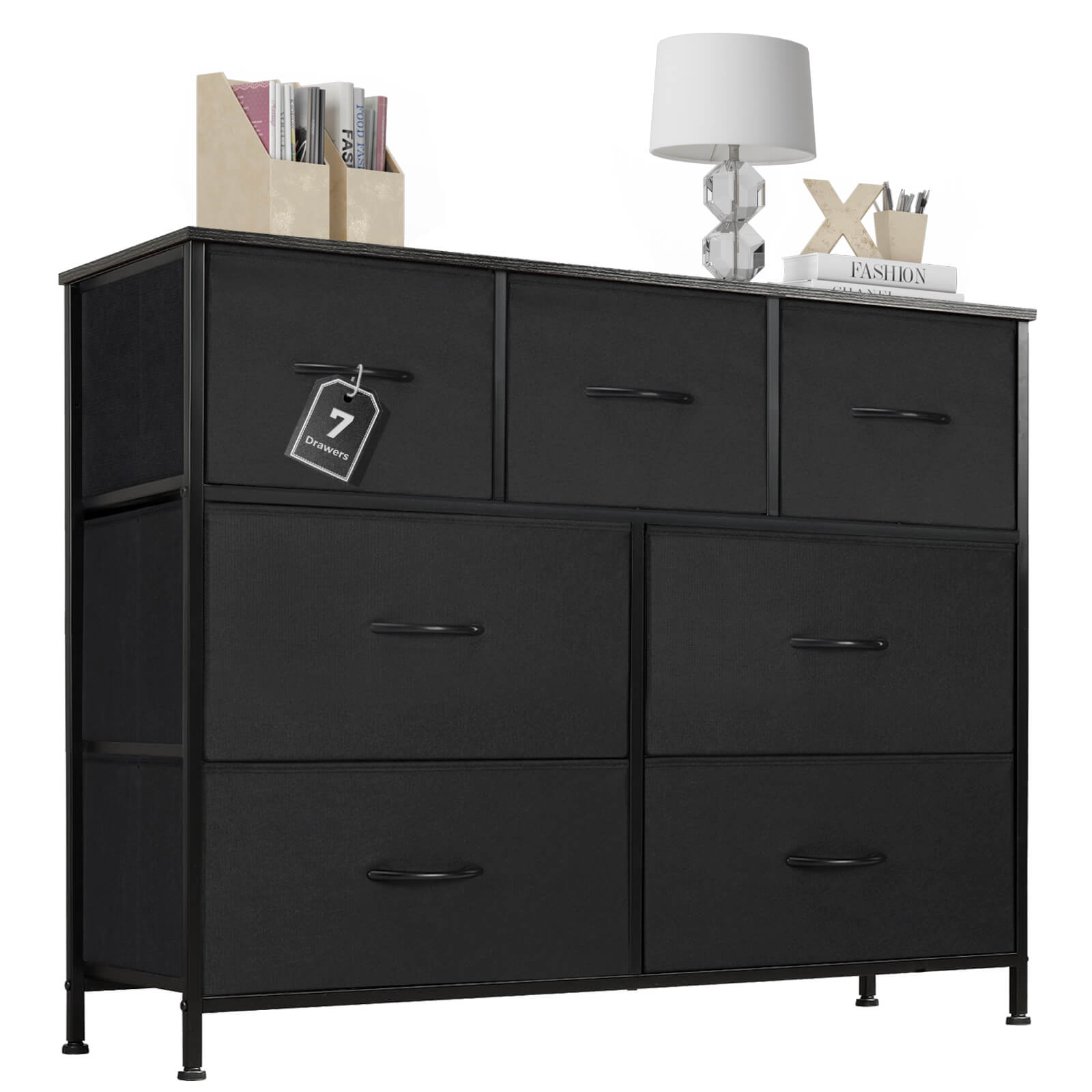 Versatile Wooden Top Dresser with 7 Fabric Drawers for Bedroom and Living Room Storage