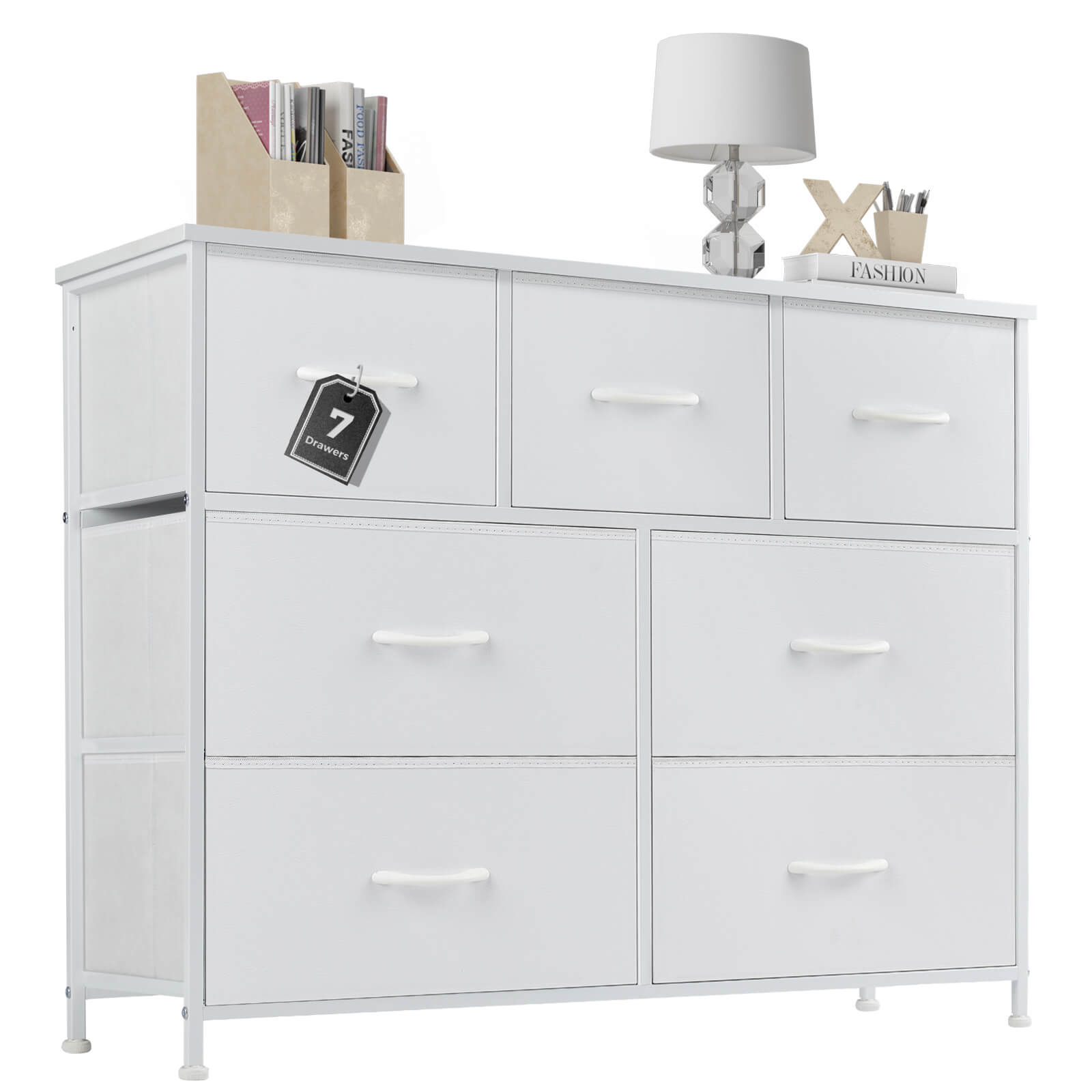 Versatile Wooden Top Dresser with 7 Fabric Drawers for Bedroom and Living Room Storage