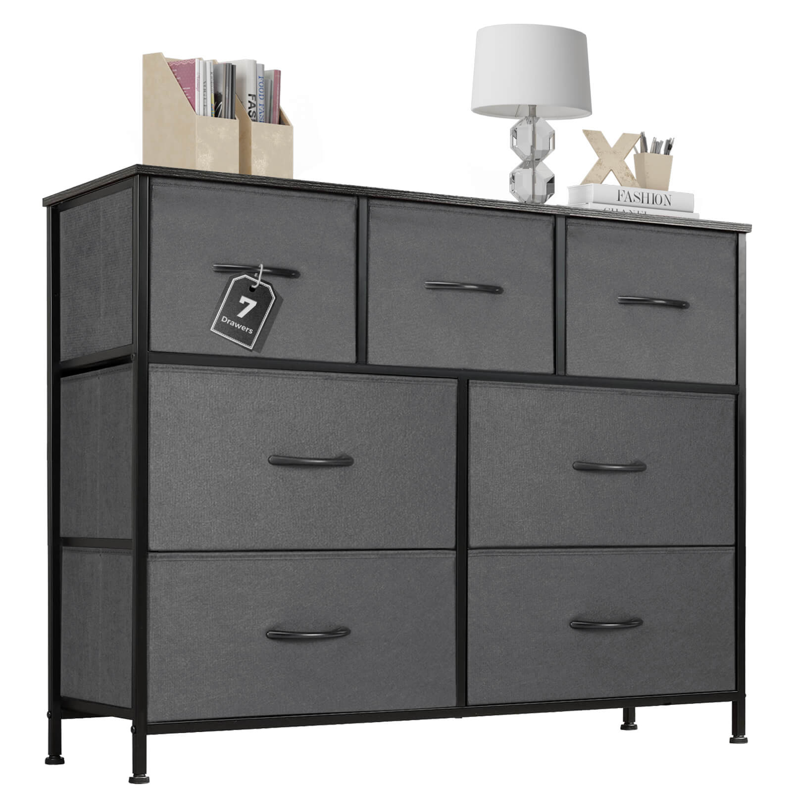 Versatile Wooden Top Dresser with 7 Fabric Drawers for Bedroom and Living Room Storage