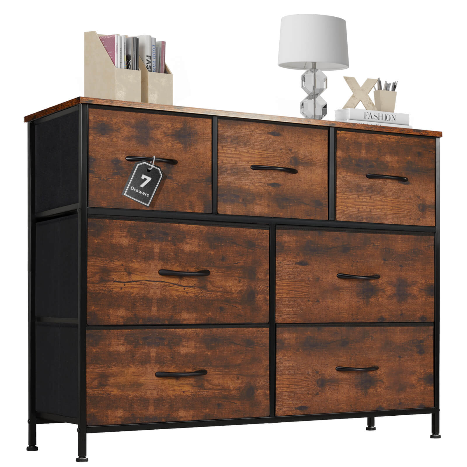 Versatile Wooden Top Dresser with 7 Fabric Drawers for Bedroom and Living Room Storage