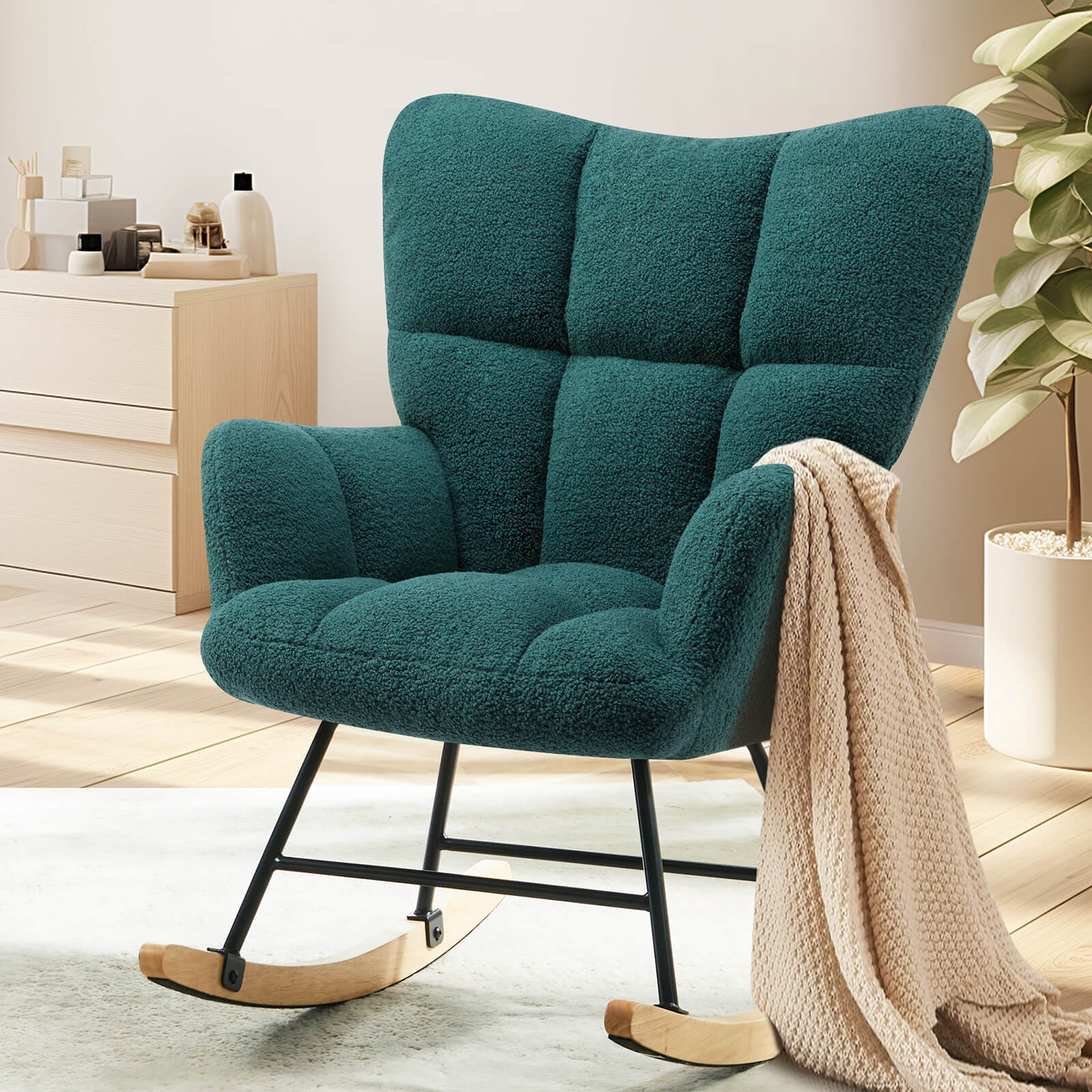 Comfortable Ergonomic Upholstered Rocking Chair for Nursery, Living Room, Baby Feeding