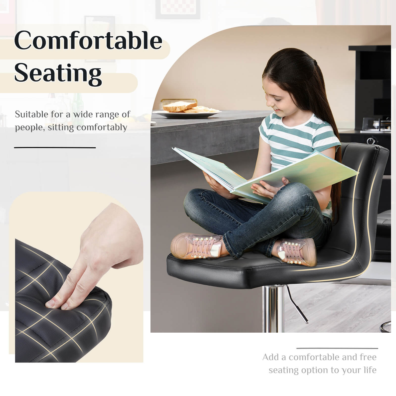 Modern Adjustable Swivel Barstool, Ergonomic PU Leather Counter Height Chair for Kitchen