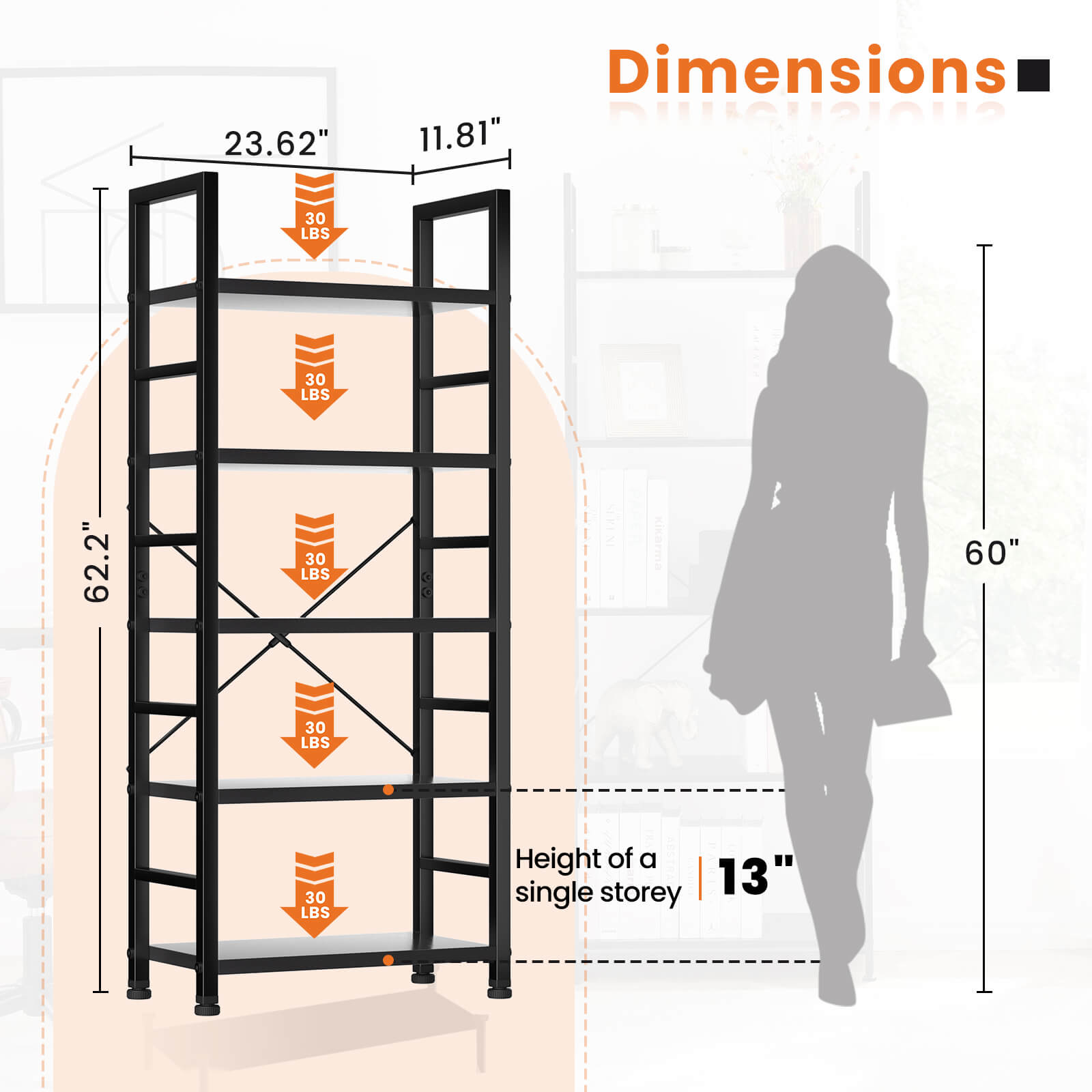 Versatile 5-Tier Bookshelf, Durable Metal Frame, Open Shelves, Modern Minimalist Design