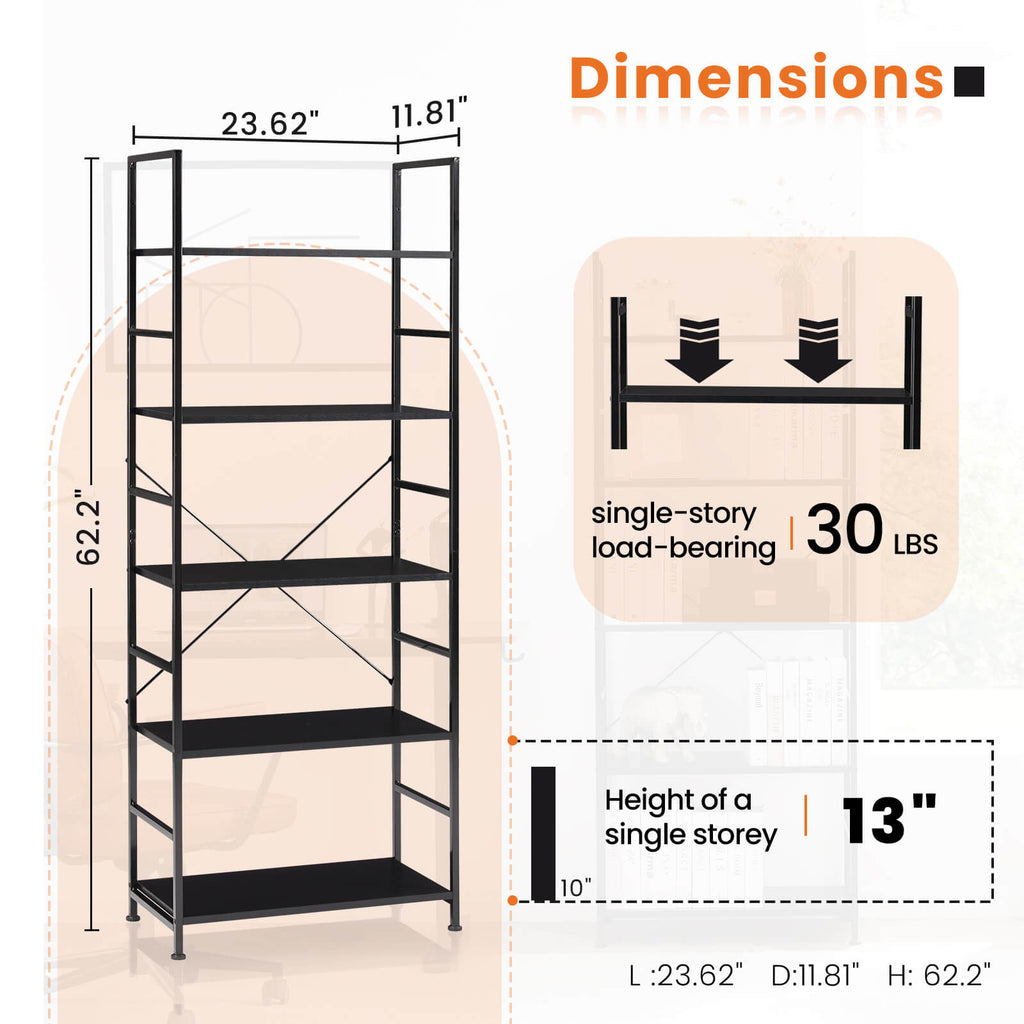 Versatile 5-Tier Bookshelf, Durable Metal Frame, Open Shelves, Modern Minimalist Design