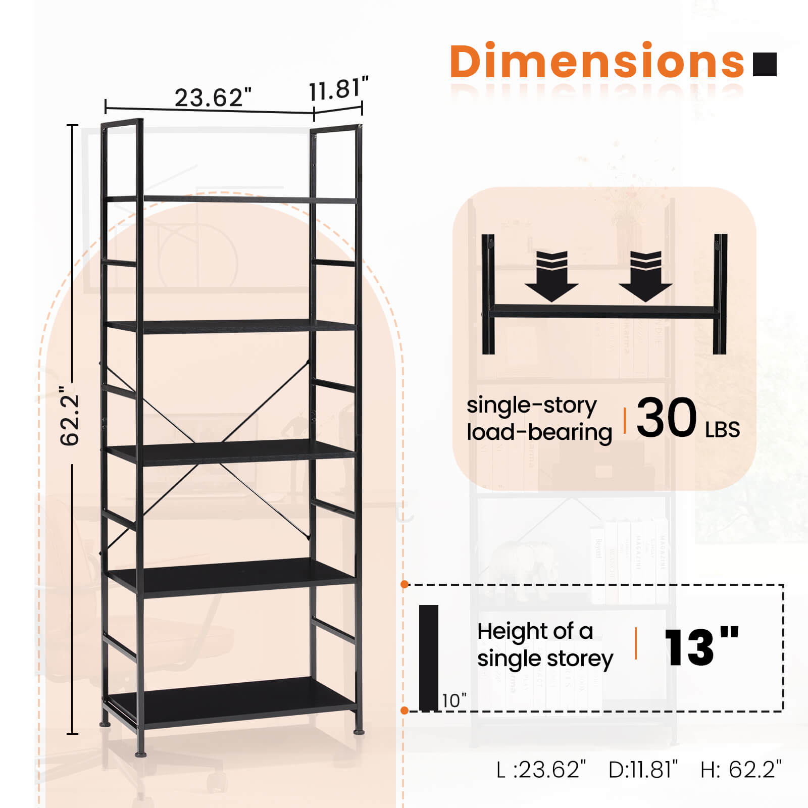 Versatile 5-Tier Bookshelf, Durable Metal Frame, Open Shelves, Modern Minimalist Design