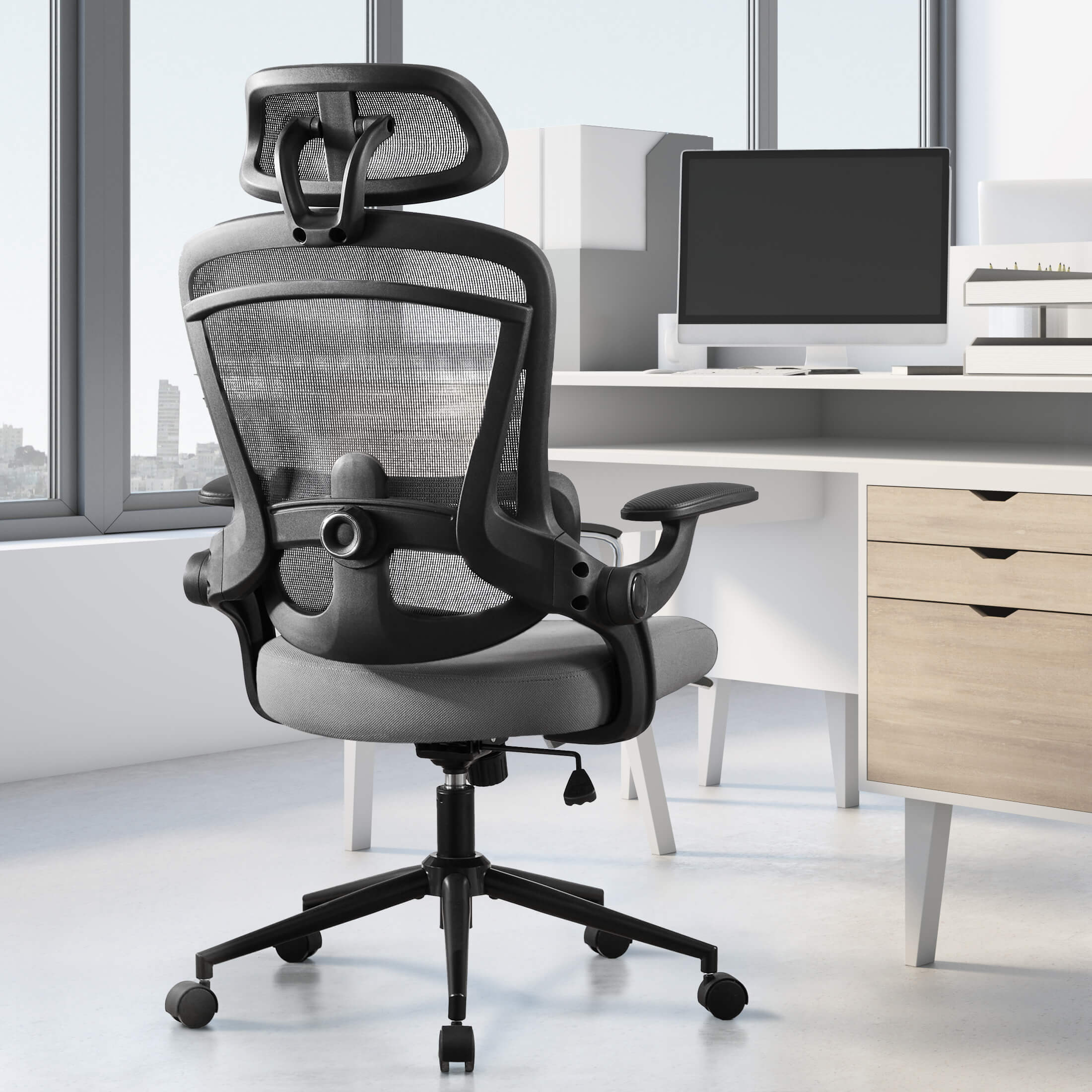 Ergonomic Office Chair with Adjustable Lumbar Support, Flip-Up Armrests, Breathable Mesh