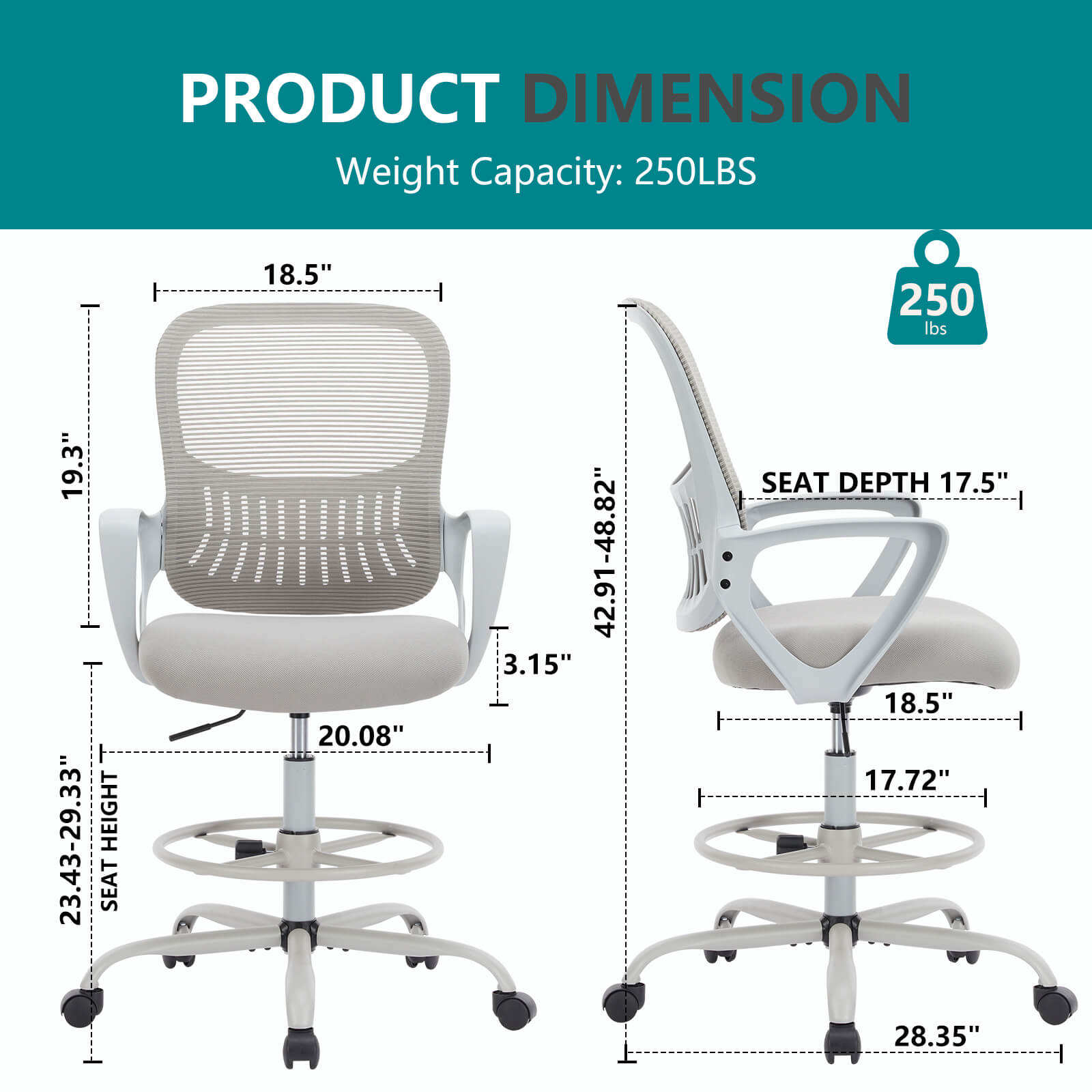 Ergonomic Tall Drafting Office Chair with Adjustable Footrest and Lumbar Support