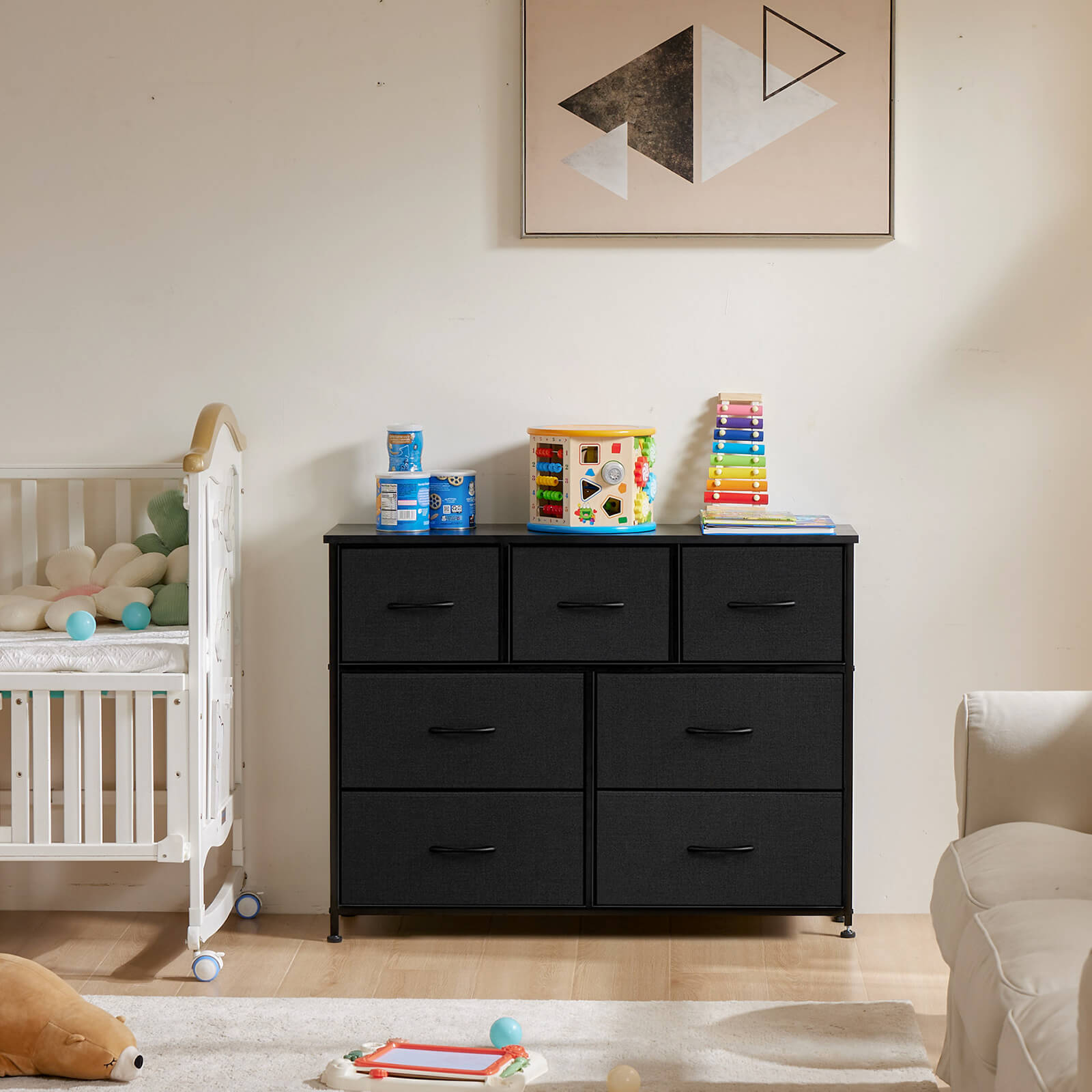 Versatile Wooden Top Dresser with 7 Fabric Drawers for Bedroom and Living Room Storage