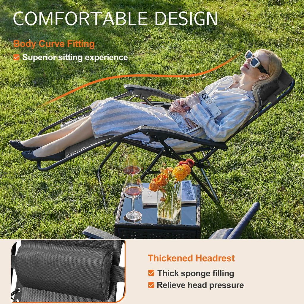 Ergonomic Portable Camping Lounge Chair Set of 2 with Detachable Tray
