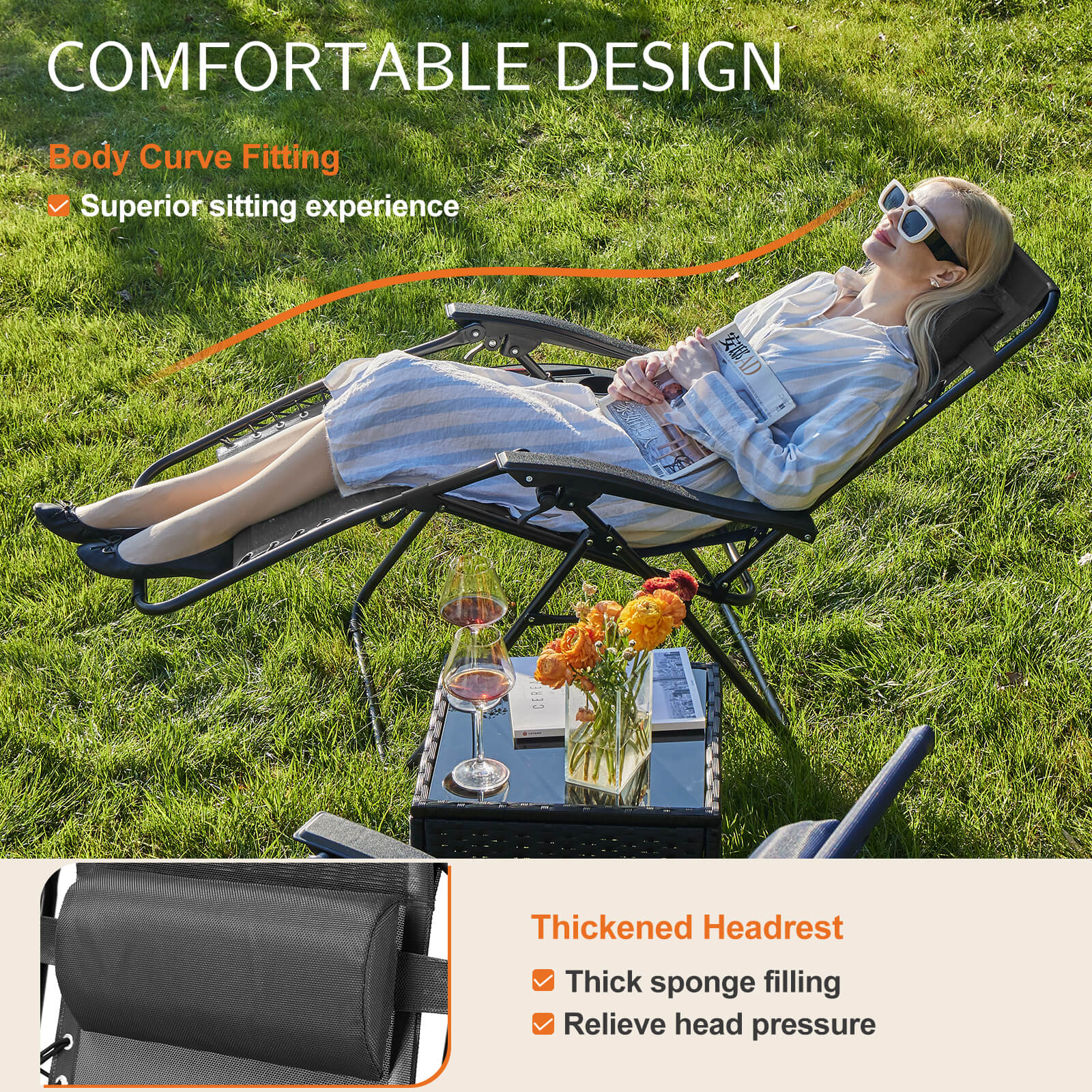 Ergonomic Portable Camping Lounge Chair Set of 2 with Detachable Tray