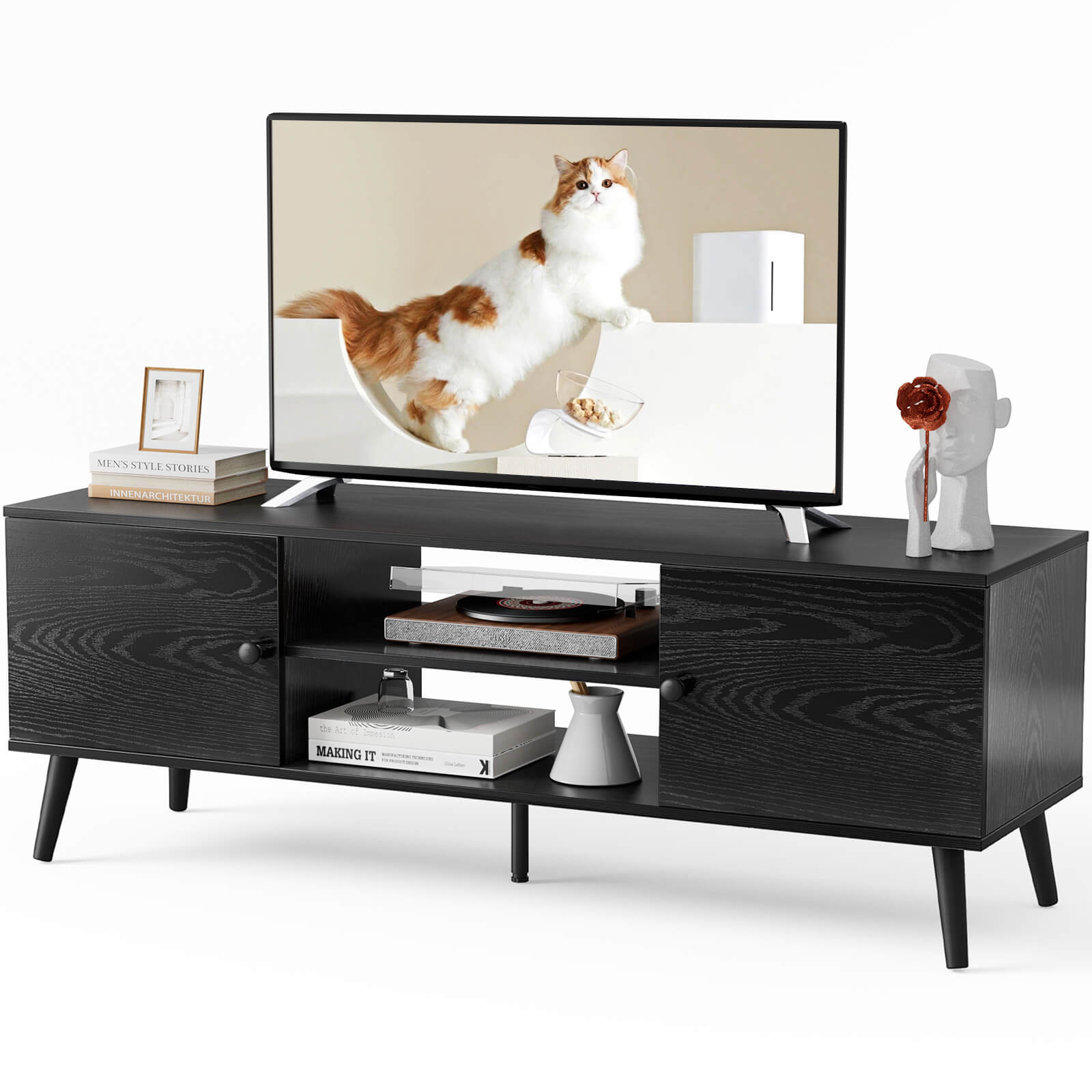 Modern Wooden TV Stand, 60-inch, Adjustable Shelves, Double Storage Cabinets