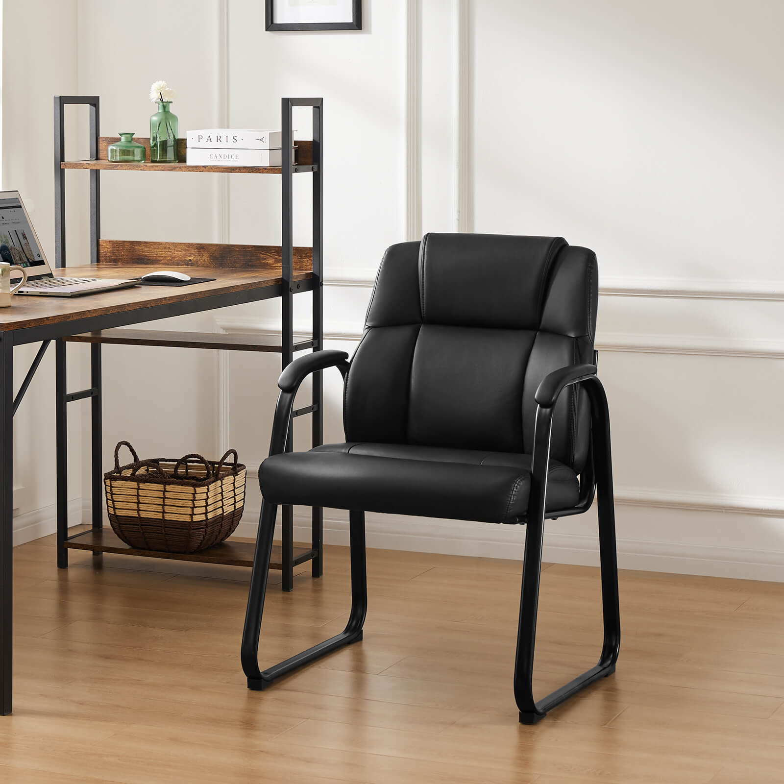Comfortable Black PU Leather Reception Guest Chair with Padded Armrests