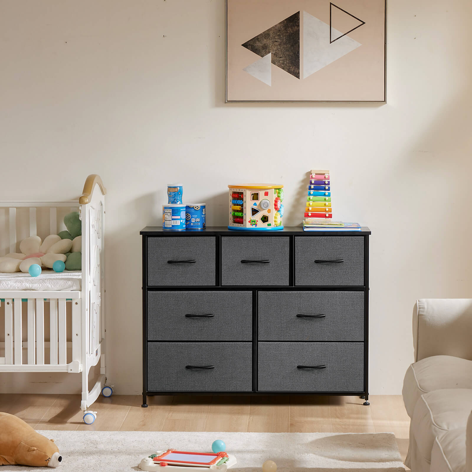Versatile Wooden Top Dresser with 7 Fabric Drawers for Bedroom and Living Room Storage