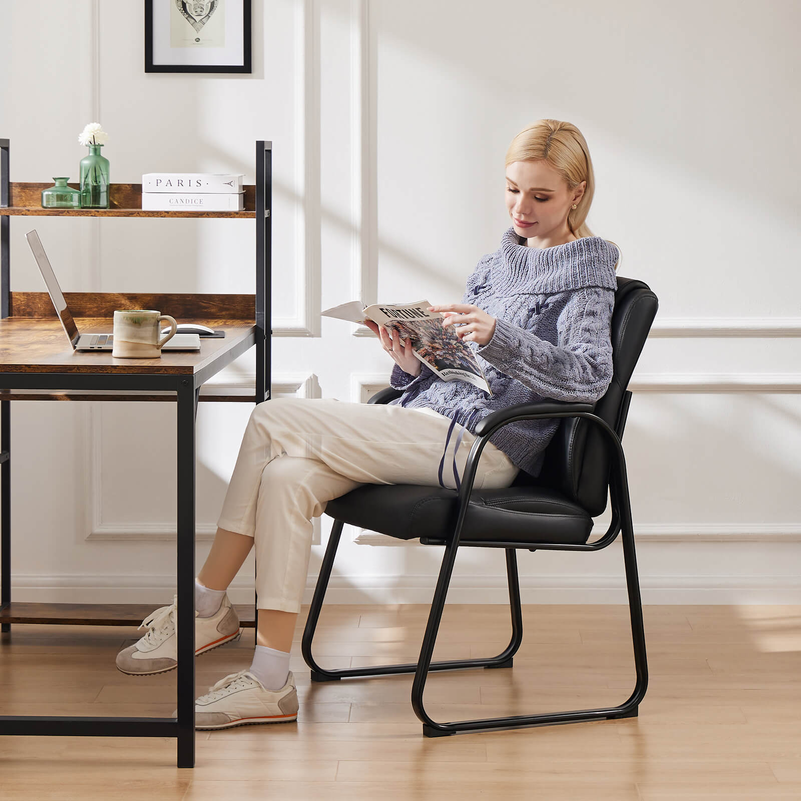 Comfortable Black PU Leather Reception Guest Chair with Padded Armrests