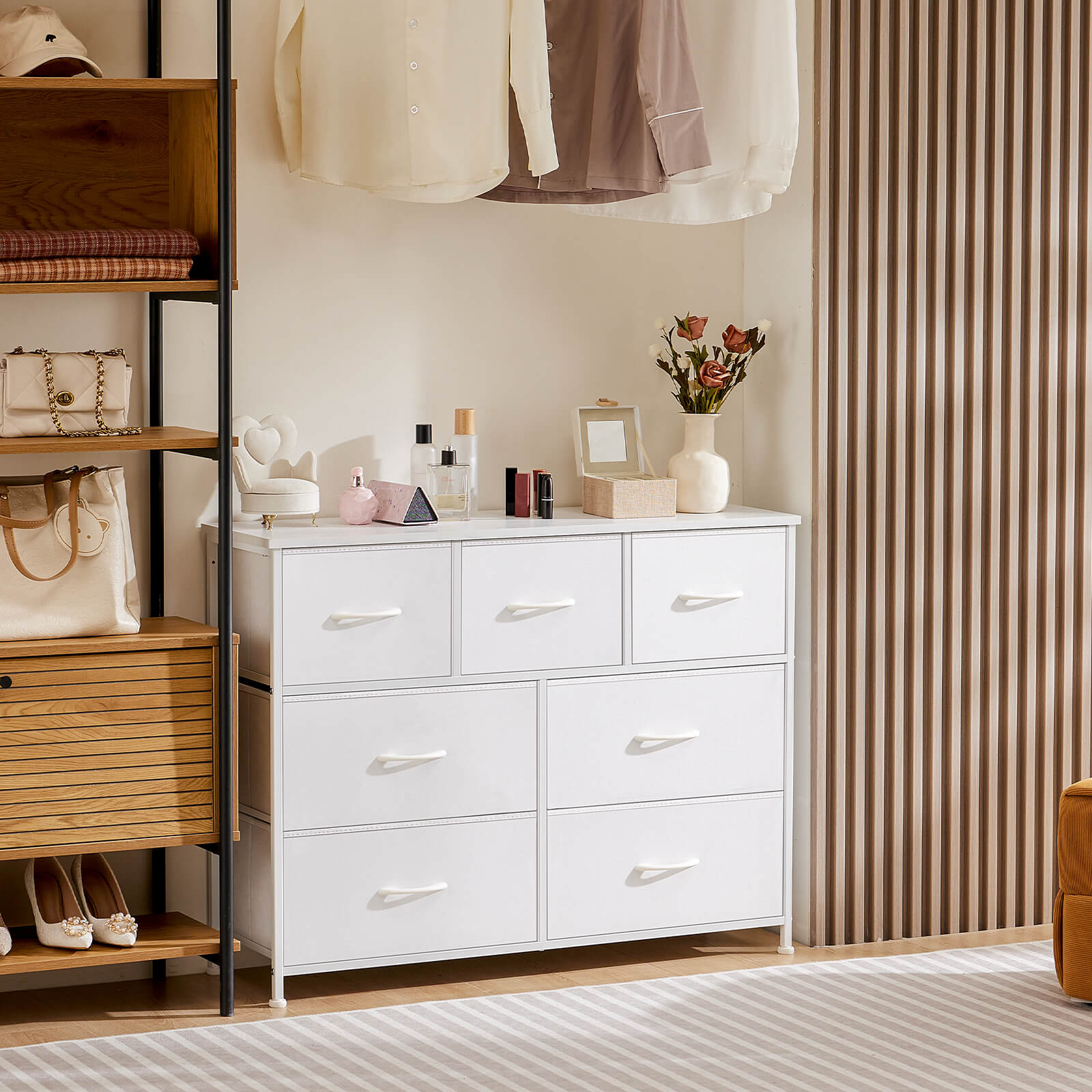 Versatile Wooden Top Dresser with 7 Fabric Drawers for Bedroom and Living Room Storage
