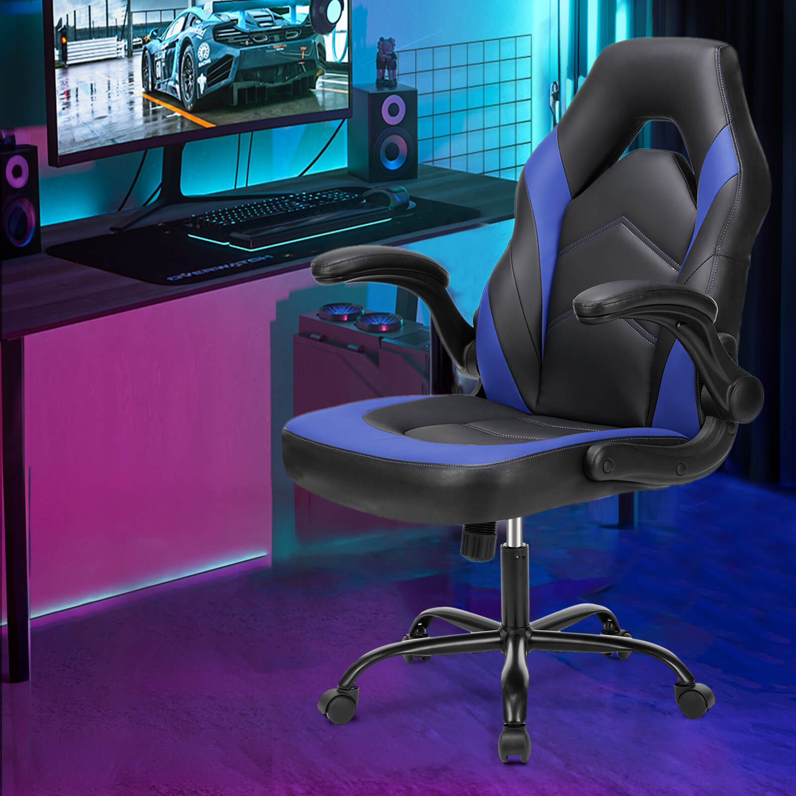 Ergonomic Leather Gaming Chair with Adjustable Height and Flip-Up Arms