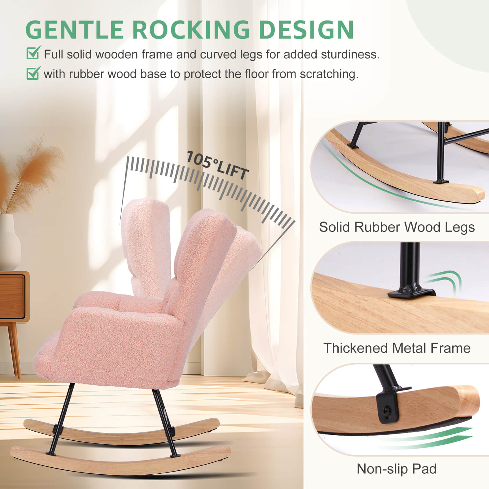 Comfortable Ergonomic Upholstered Rocking Chair for Nursery, Living Room, Baby Feeding