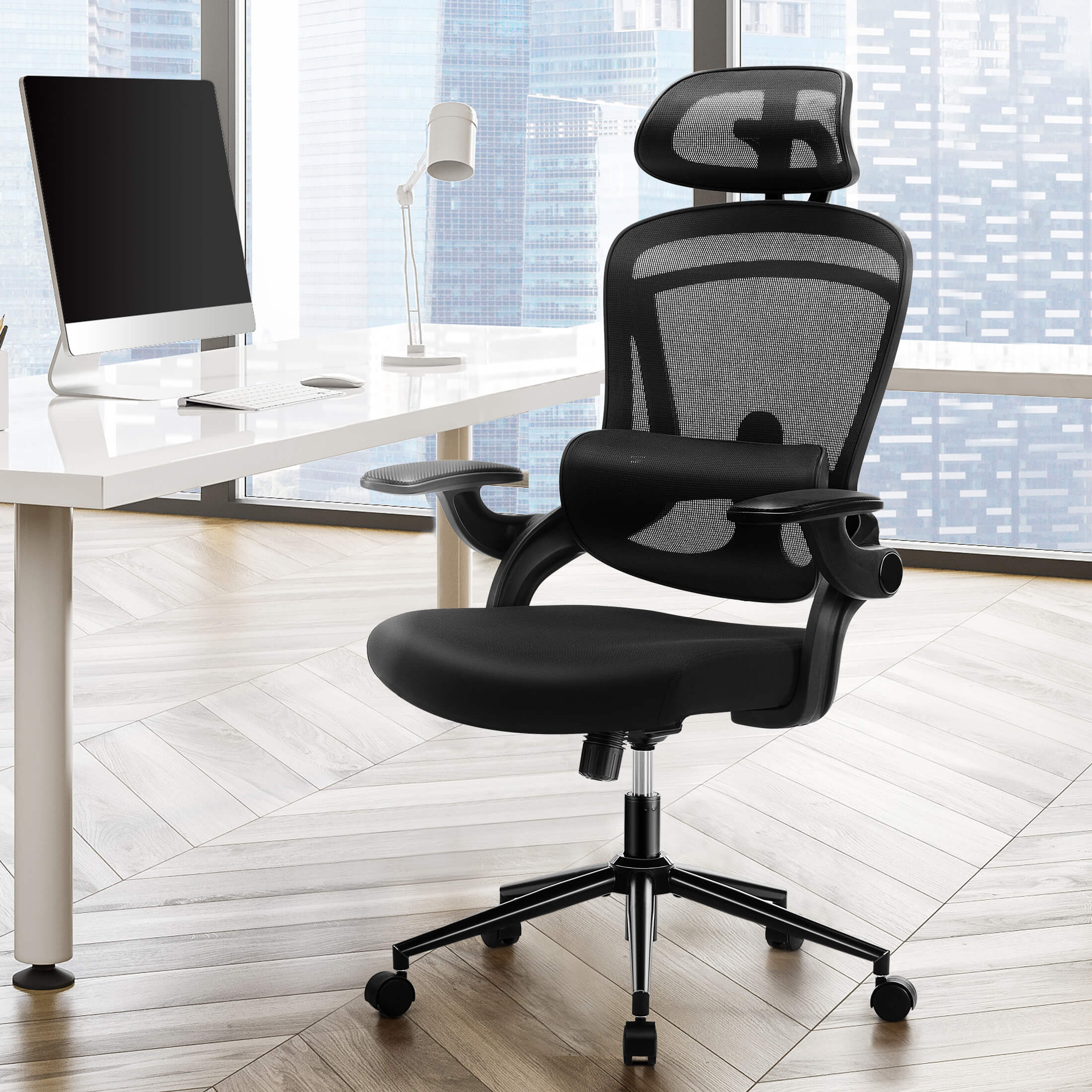 Ergonomic Office Chair with Adjustable Lumbar Support, Flip-Up Armrests, Breathable Mesh