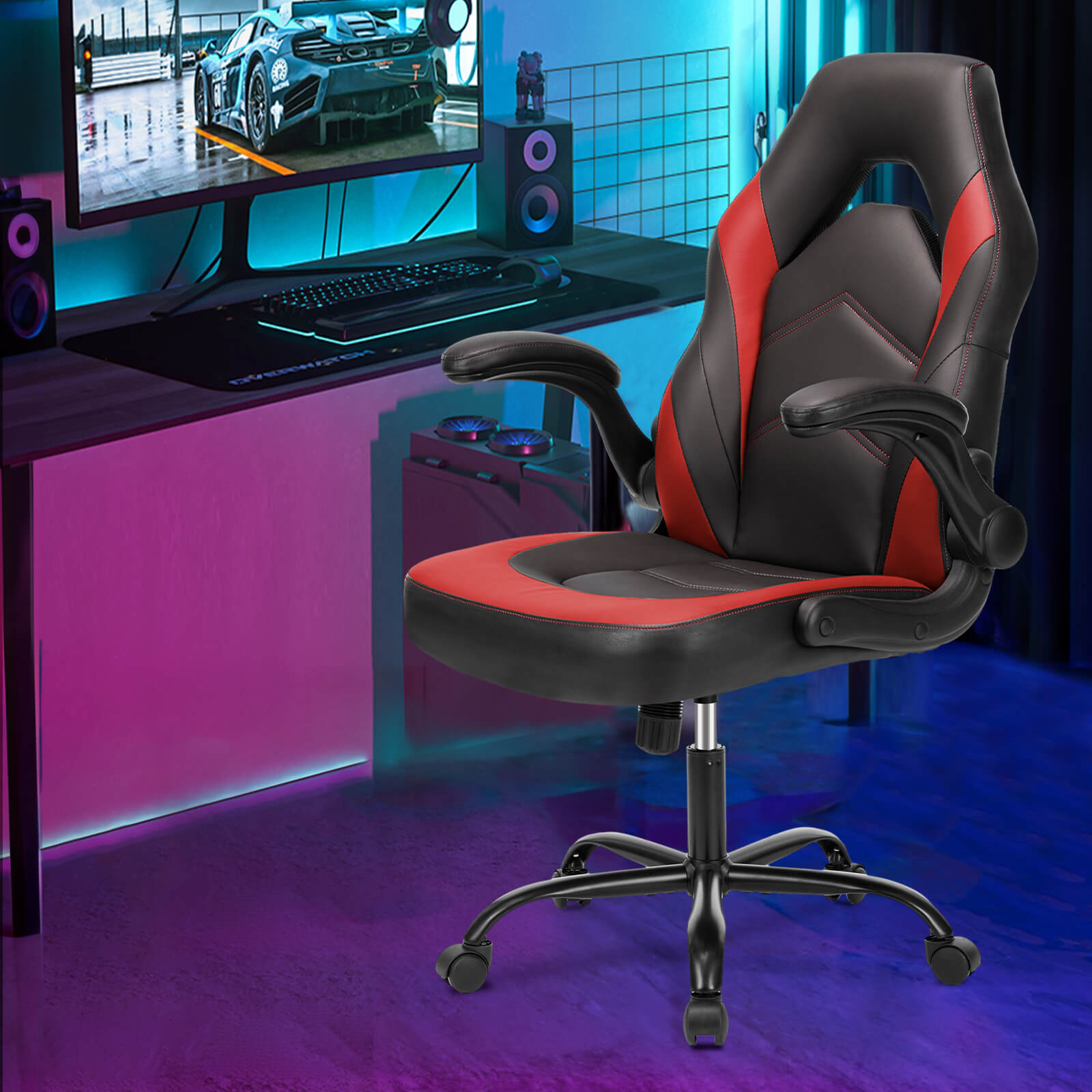 Ergonomic Leather Gaming Chair with Adjustable Height and Flip-Up Arms