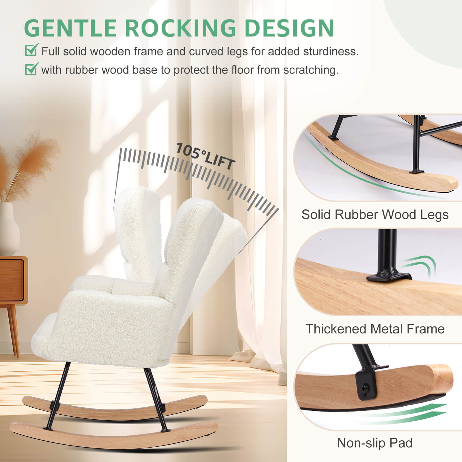 Comfortable Ergonomic Upholstered Rocking Chair for Nursery, Living Room, Baby Feeding