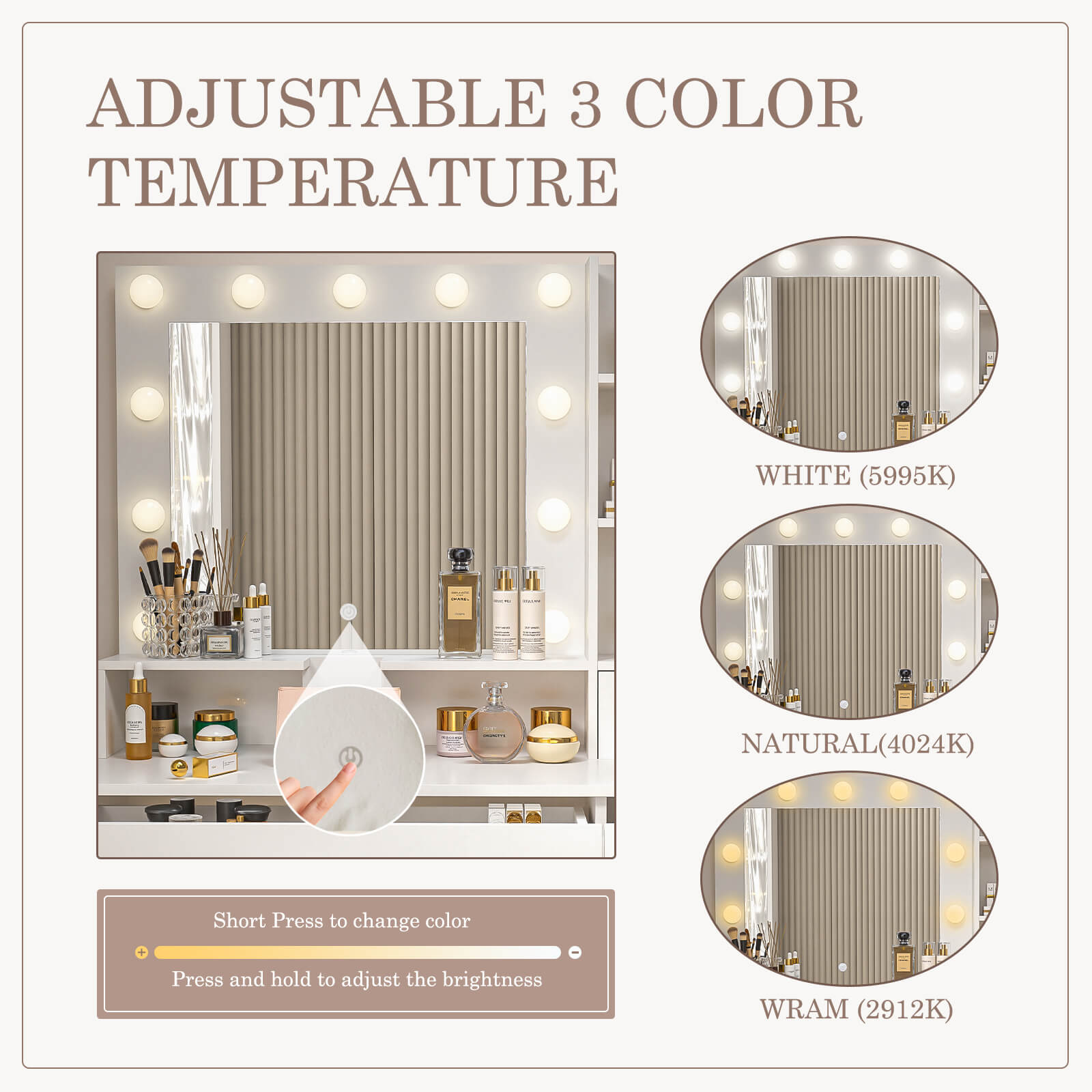 Professional 3-Color LED Vanity Mirror Desk with Smart Lighting for Bedroom