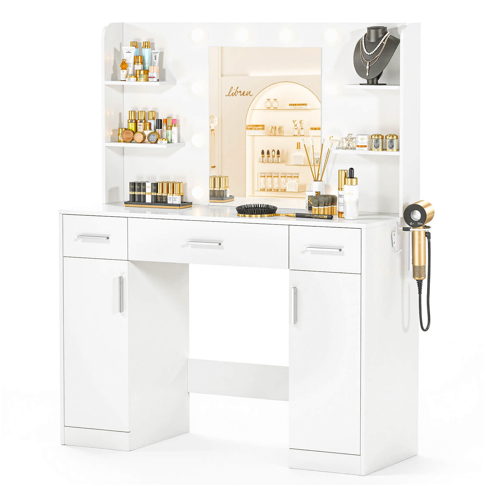 Professional 3-Color LED Vanity Mirror Desk with Smart Lighting for Bedroom