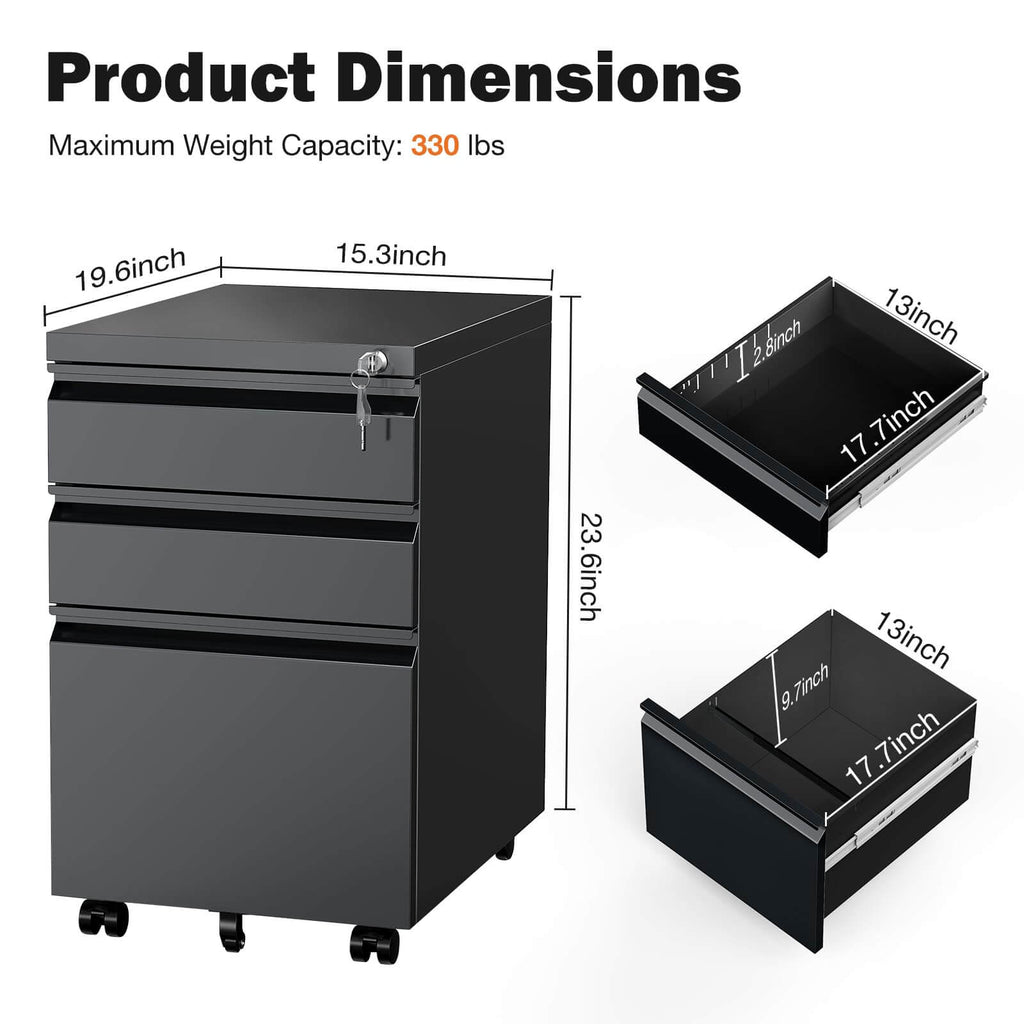 Mobile 3-Drawer Locking File Cabinet, Rolling Metal Storage for Home Office