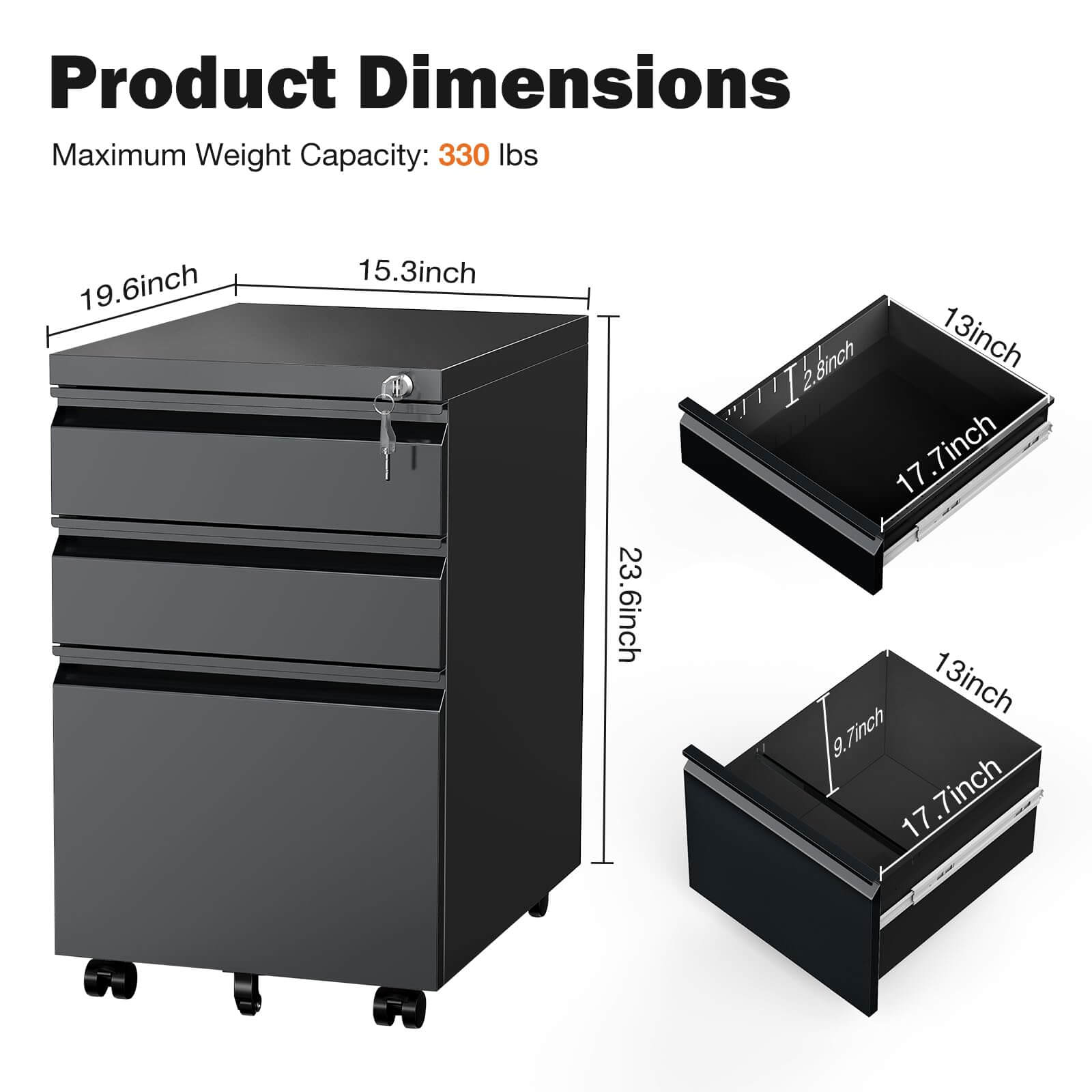 Mobile 3-Drawer Locking File Cabinet, Rolling Metal Storage for Home Office