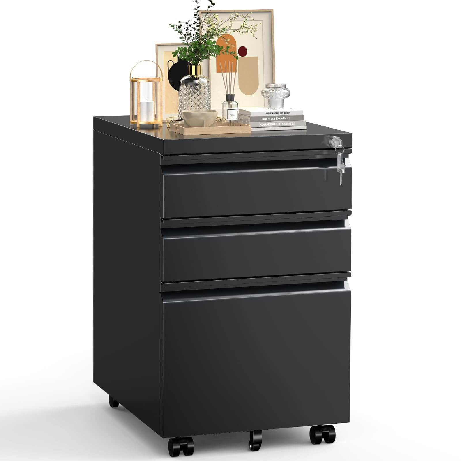 Mobile 3-Drawer Locking File Cabinet, Rolling Metal Storage for Home Office