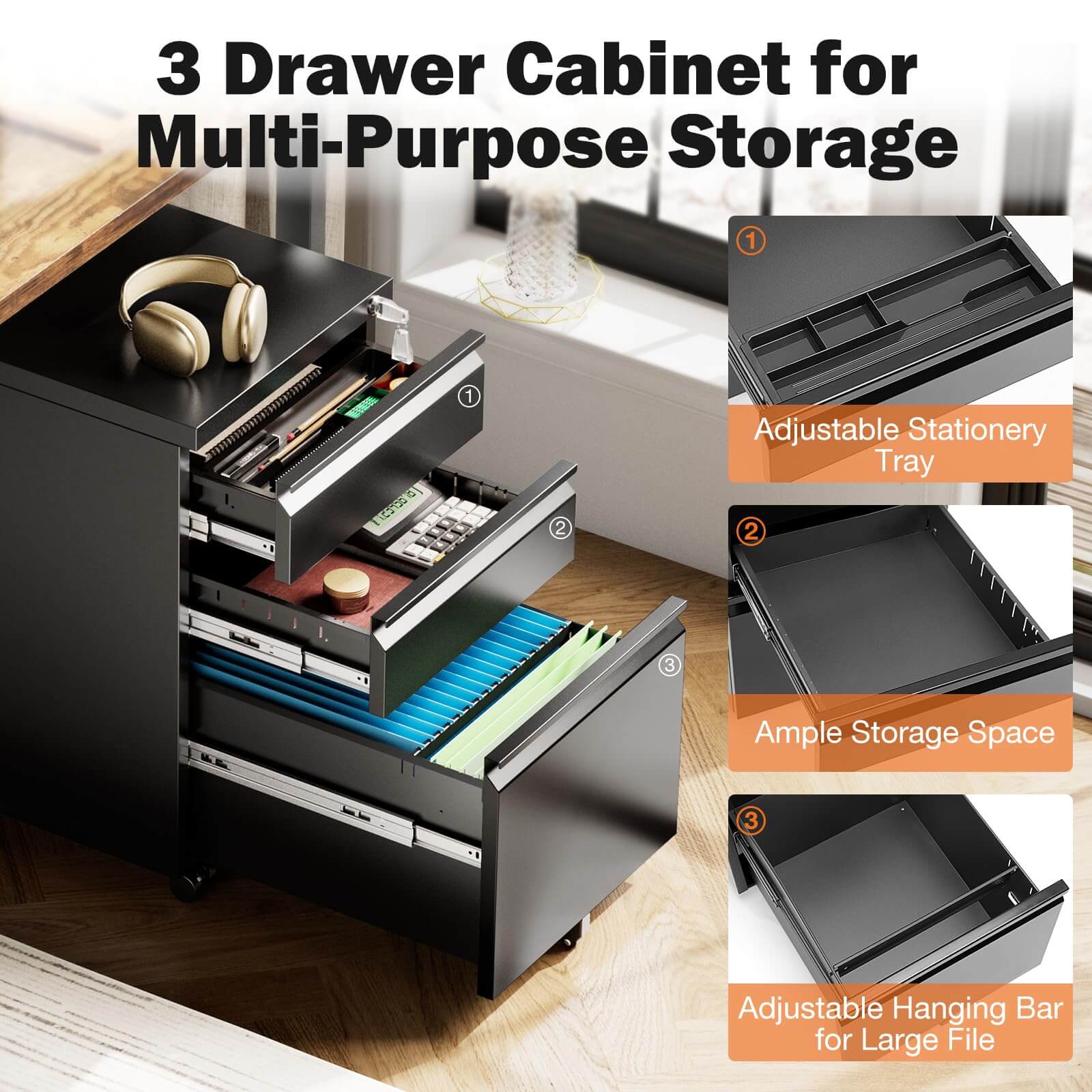 Mobile 3-Drawer Locking File Cabinet, Rolling Metal Storage for Home Office