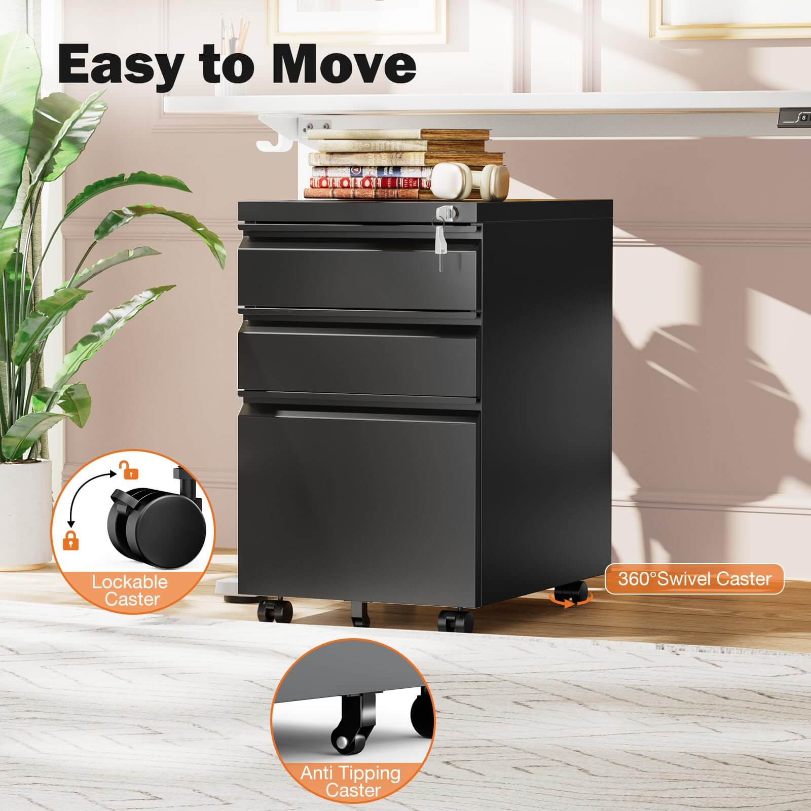 Mobile 3-Drawer Locking File Cabinet, Rolling Metal Storage for Home Office