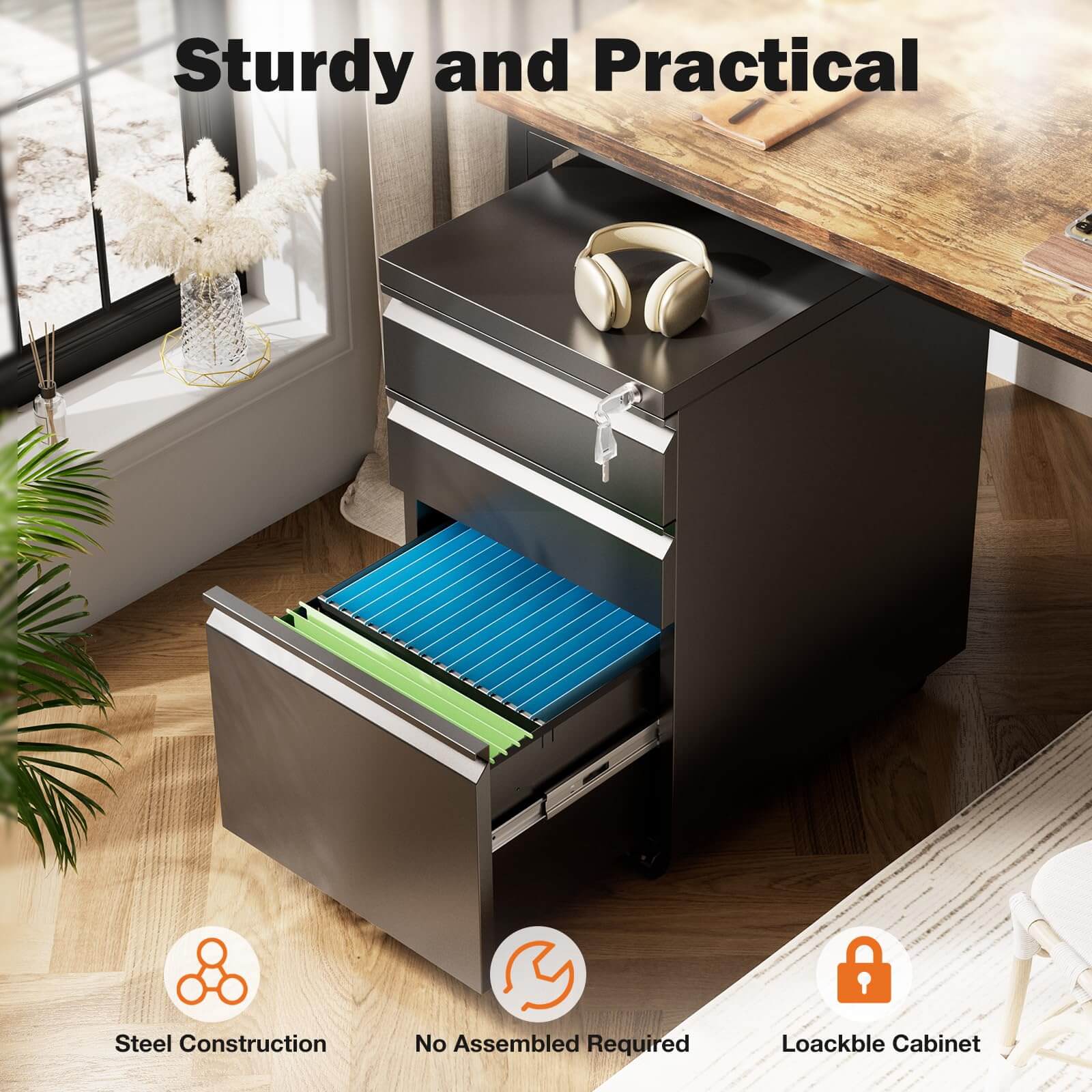 Mobile 3-Drawer Locking File Cabinet, Rolling Metal Storage for Home Office