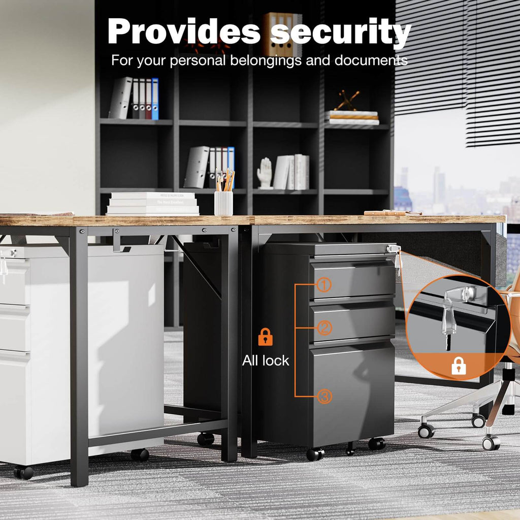 Mobile 3-Drawer Locking File Cabinet, Rolling Metal Storage for Home Office