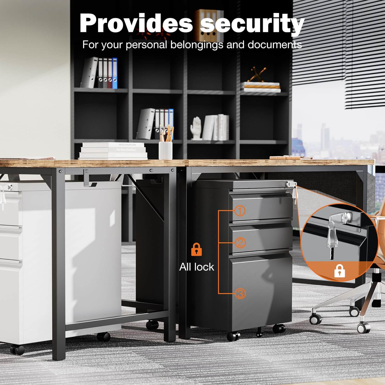 Mobile 3-Drawer Locking File Cabinet, Rolling Metal Storage for Home Office