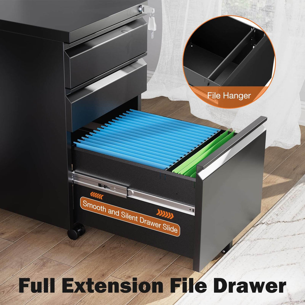 Mobile 3-Drawer Locking File Cabinet, Rolling Metal Storage for Home Office
