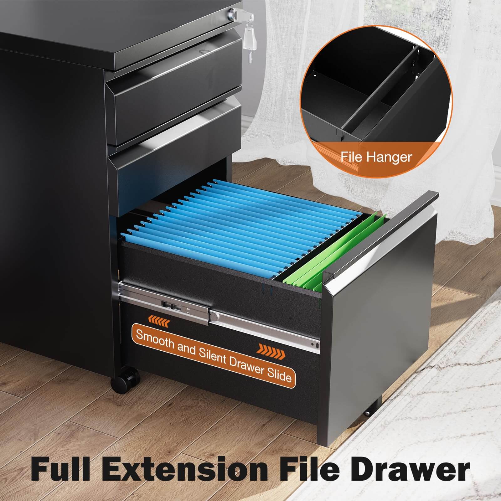 Mobile 3-Drawer Locking File Cabinet, Rolling Metal Storage for Home Office