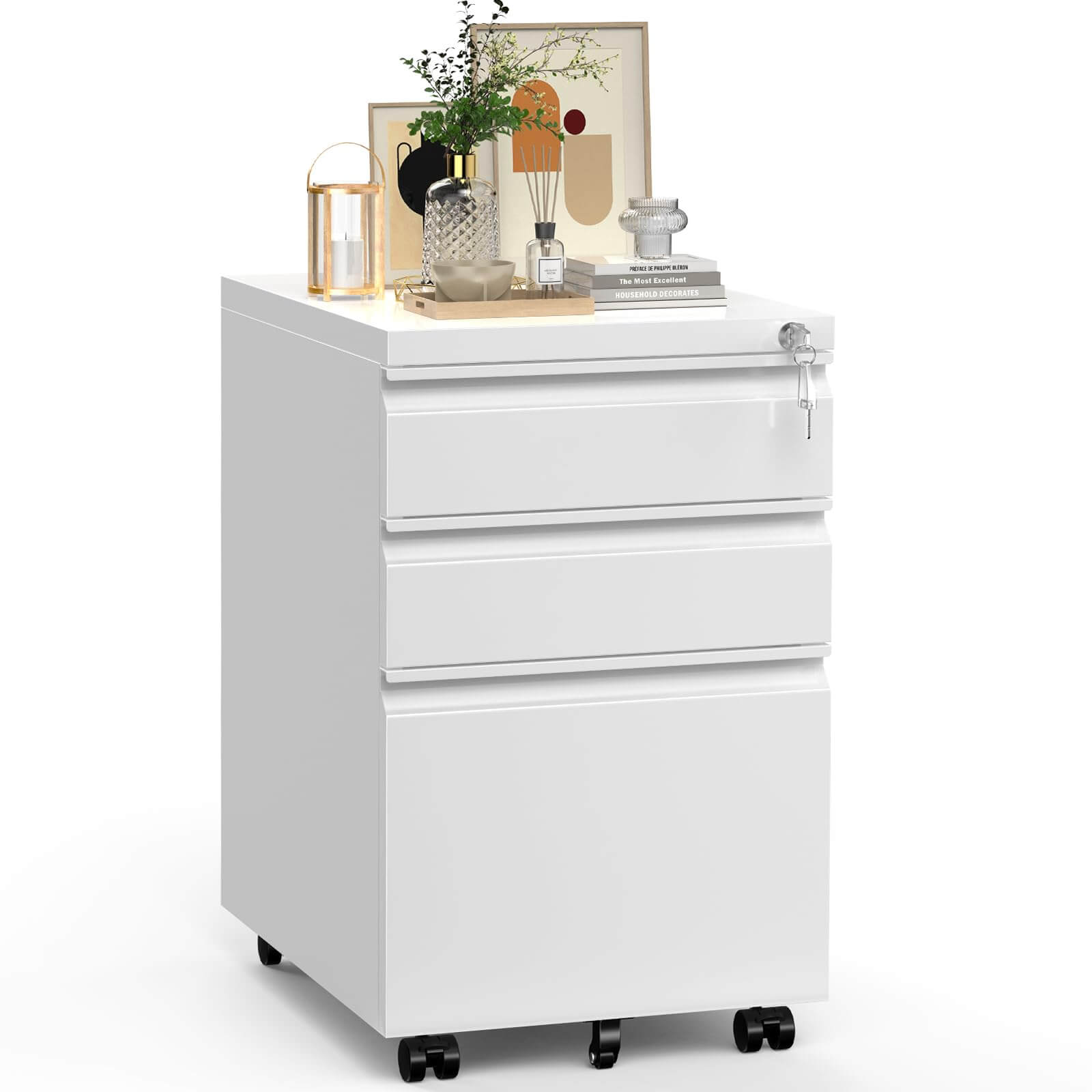 Mobile 3-Drawer Locking File Cabinet, Rolling Metal Storage for Home Office