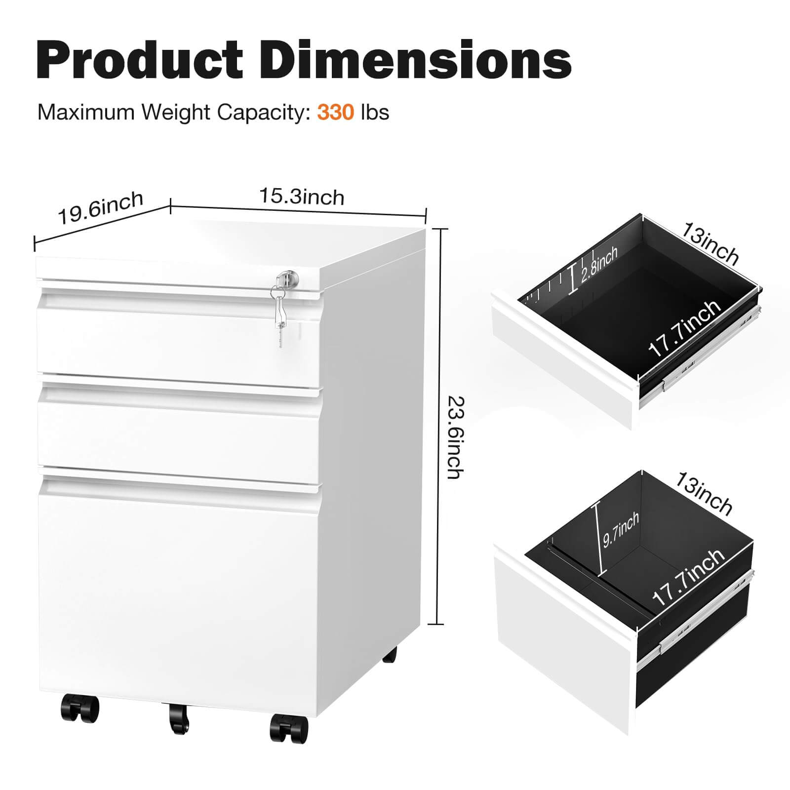 Mobile 3-Drawer Locking File Cabinet, Rolling Metal Storage for Home Office