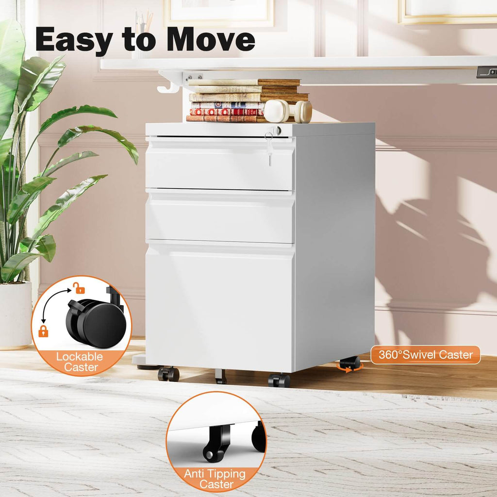 Mobile 3-Drawer Locking File Cabinet, Rolling Metal Storage for Home Office