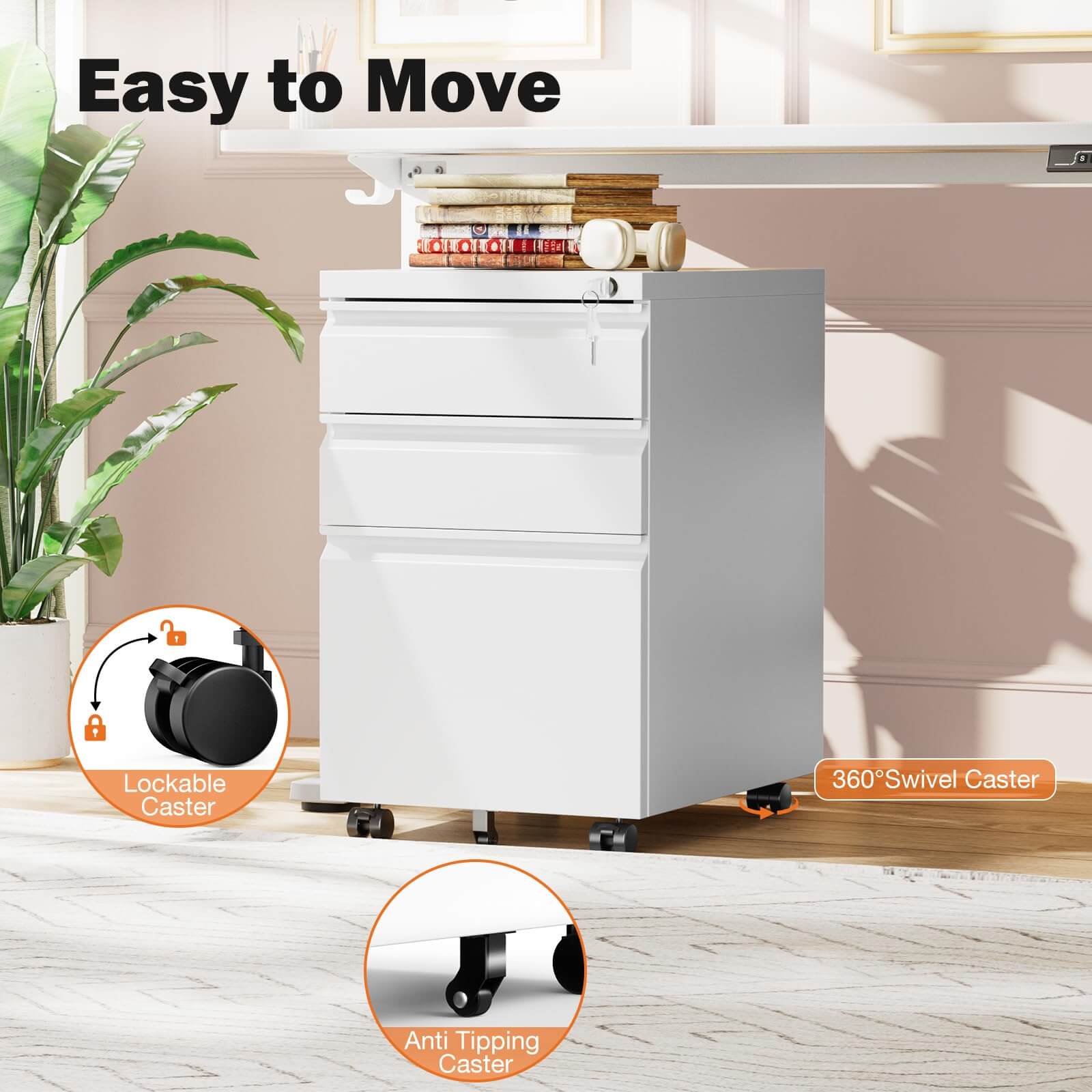 Mobile 3-Drawer Locking File Cabinet, Rolling Metal Storage for Home Office