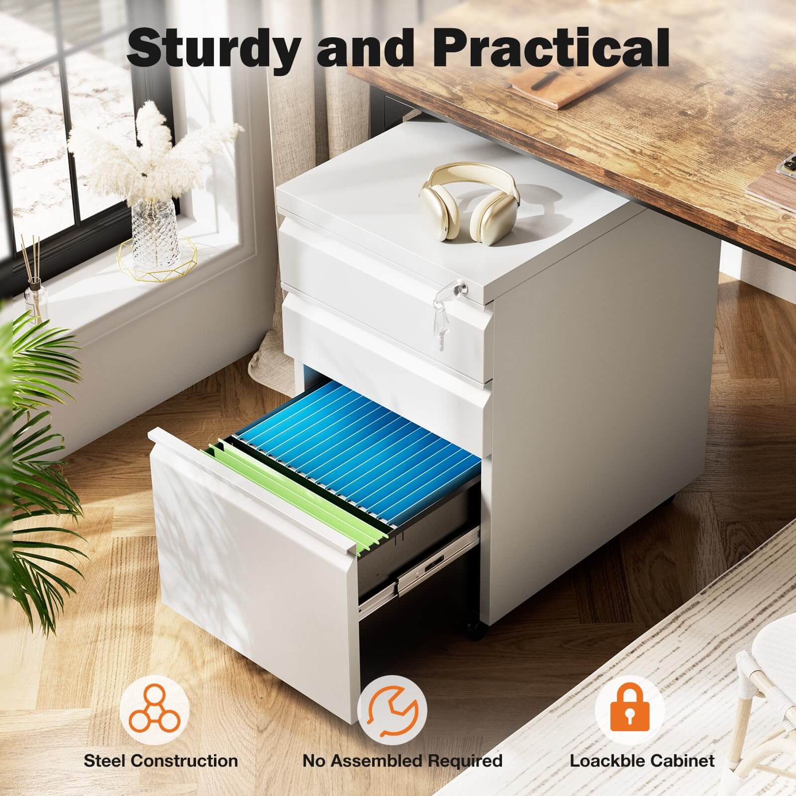 Mobile 3-Drawer Locking File Cabinet, Rolling Metal Storage for Home Office