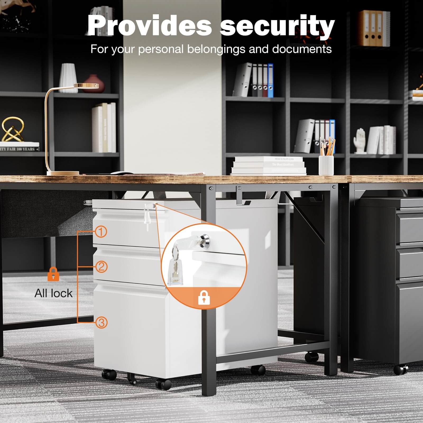 Mobile 3-Drawer Locking File Cabinet, Rolling Metal Storage for Home Office