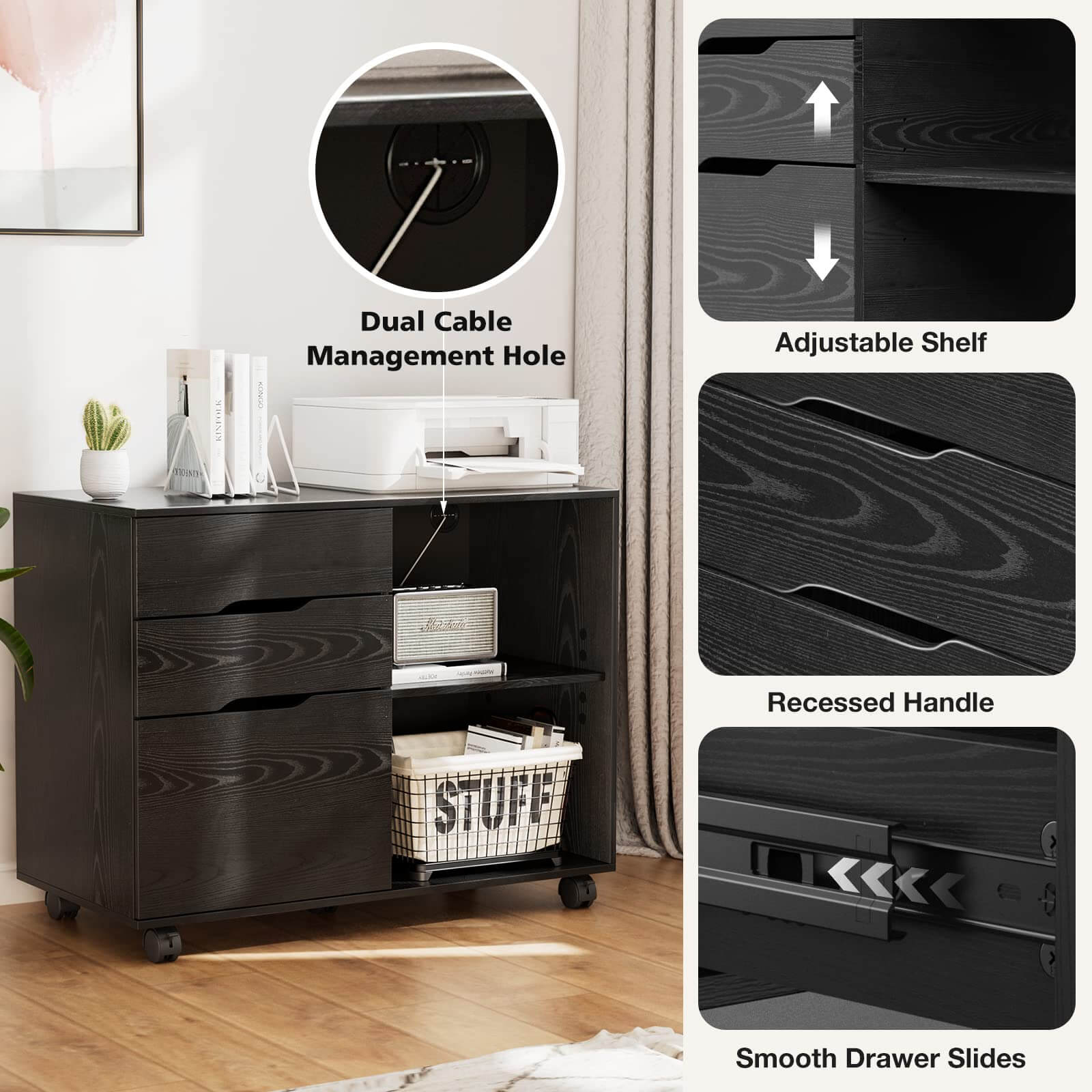Mobile 3-Drawer Filing Cabinet with Lockable Casters for Office Home Storage