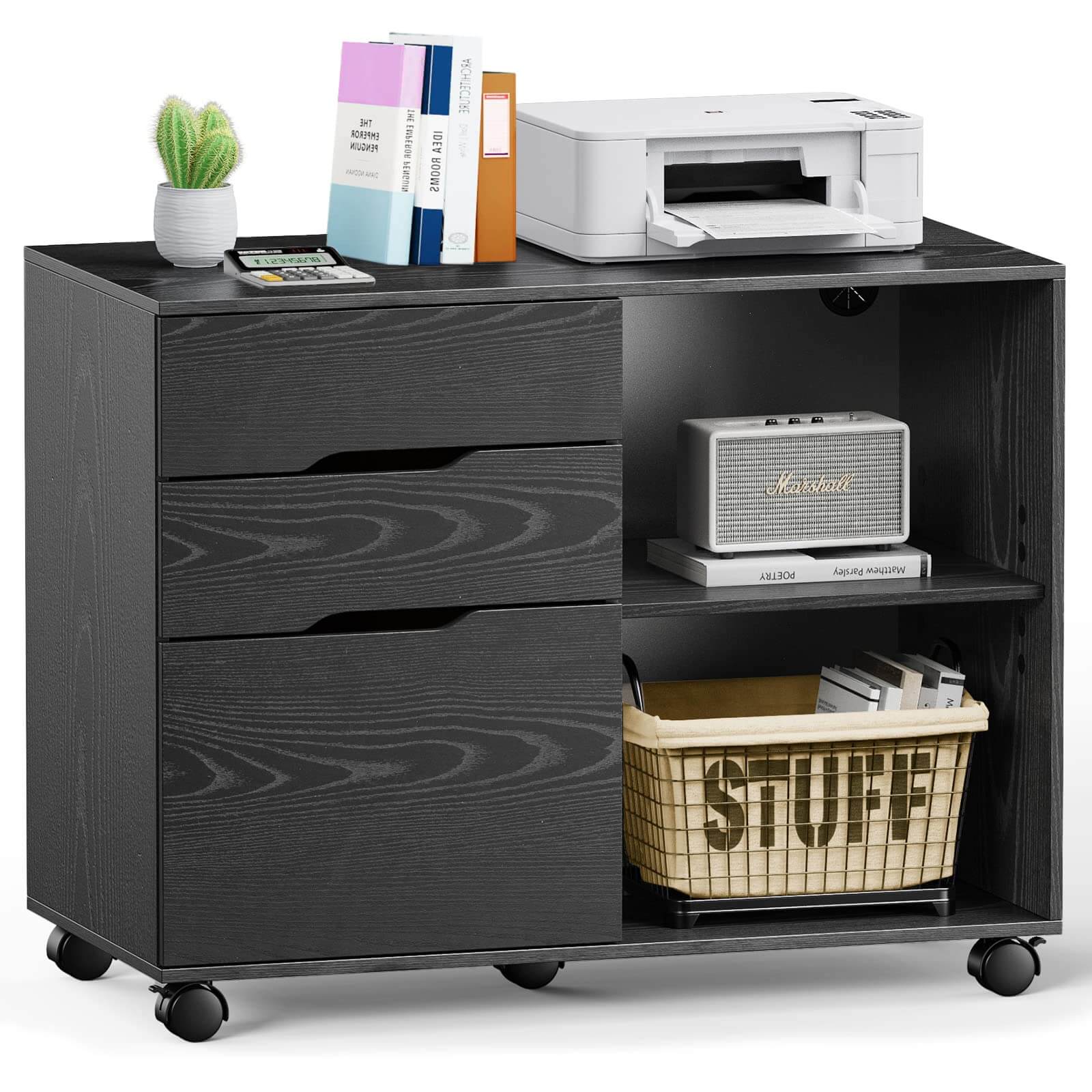 Mobile 3-Drawer Filing Cabinet with Lockable Casters for Office Home Storage