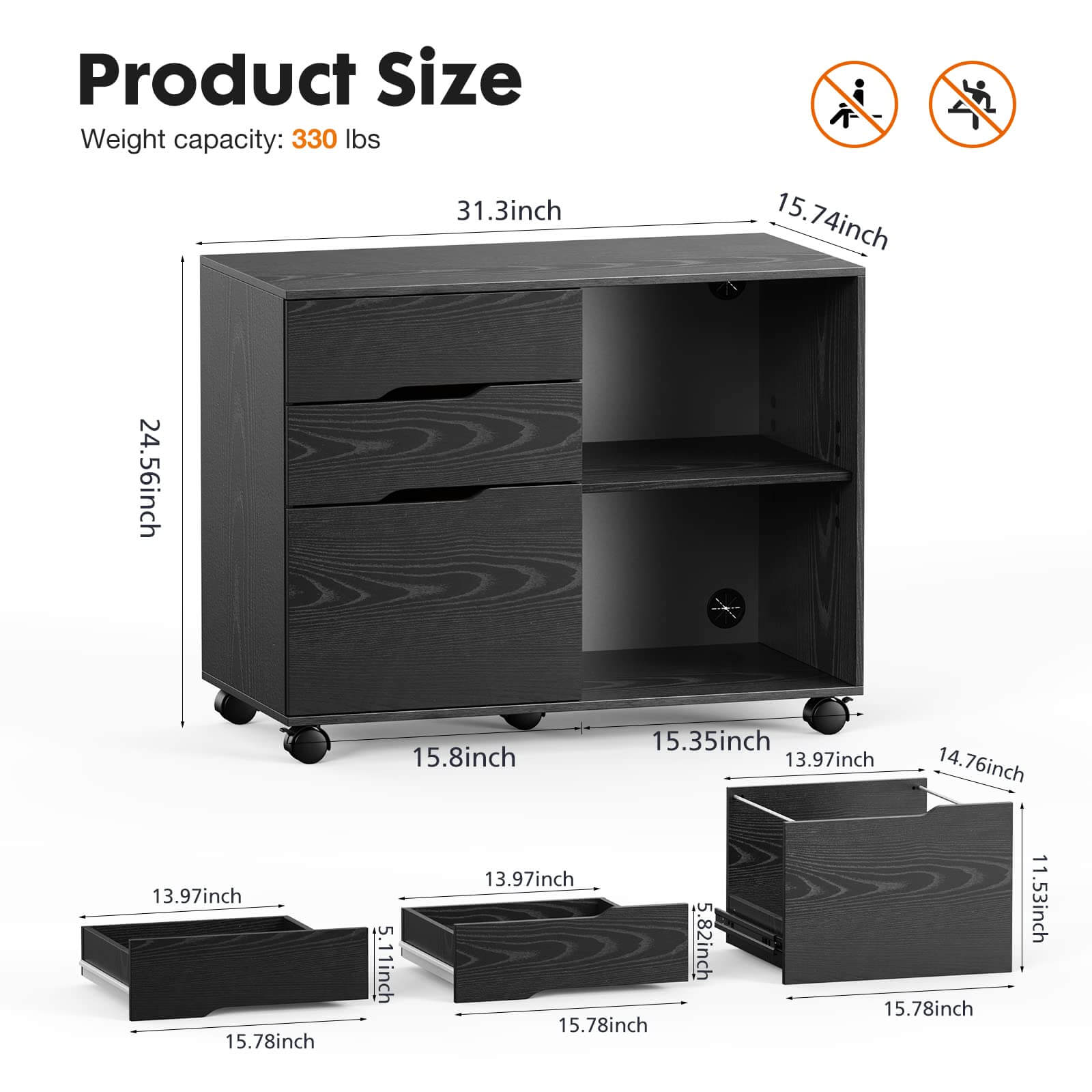 Mobile 3-Drawer Filing Cabinet with Lockable Casters for Office Home Storage